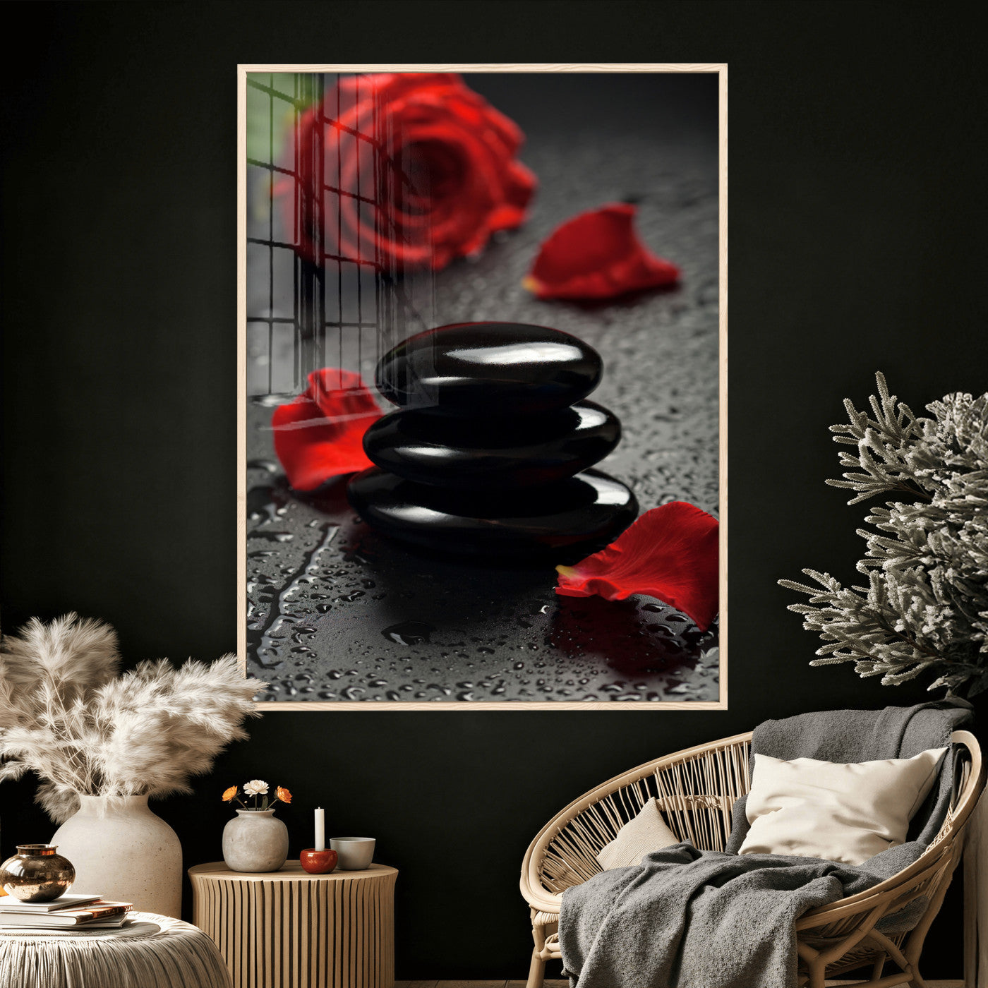 37334763-MGV-CV-24X36 - Black Lava Stone Rose Canvas | Red Rose Spa Photography Print | Stacked Stones Dark Luxury Wall Art | Dramatic Bathroom Decor