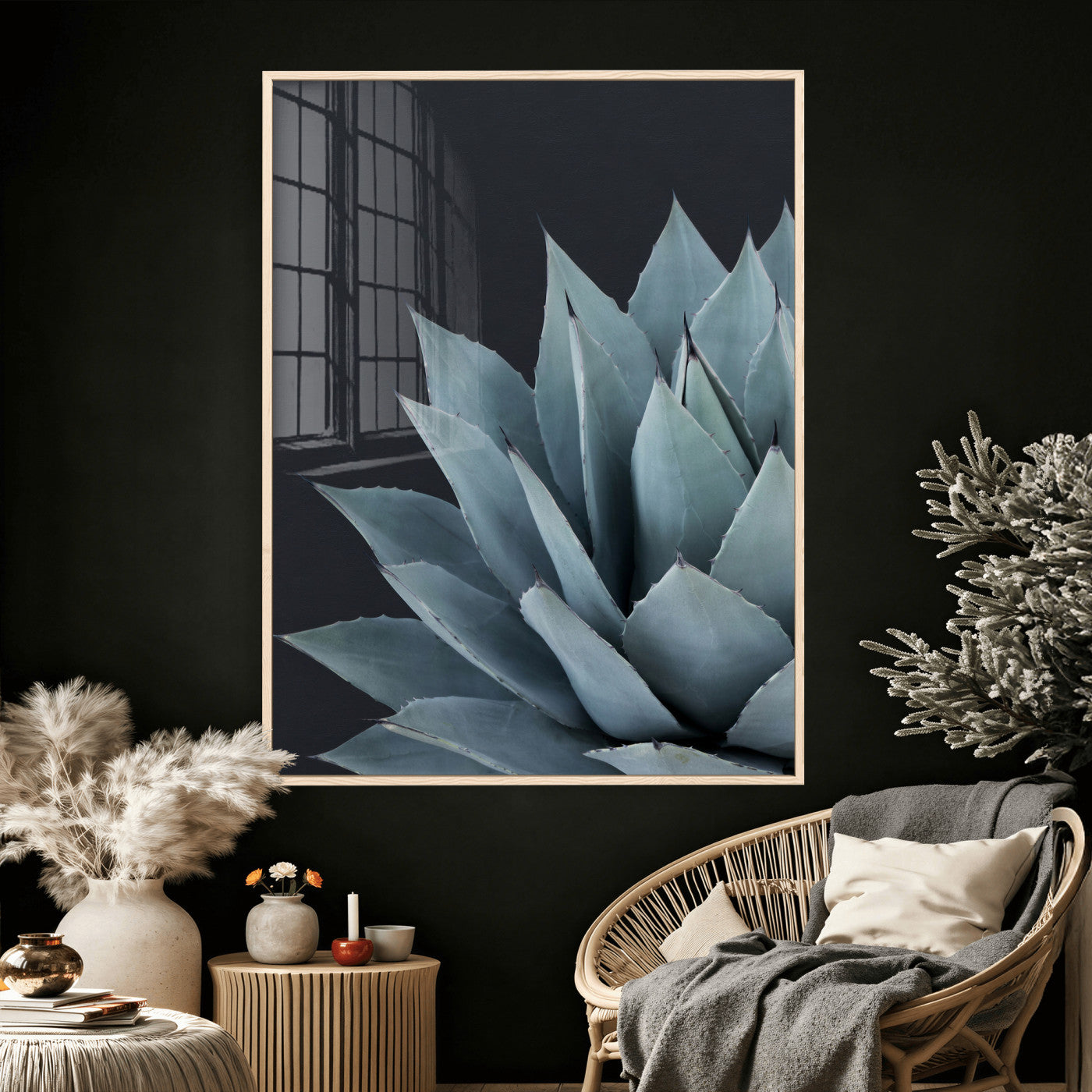 59803798-MGV-CV-24X36 - Agave Wall Art Canvas Print, Blue Green Succulent Botanical Framed Artwork, Minimalist Desert Plant Decor for Living Room Bedroom Office Bathroom