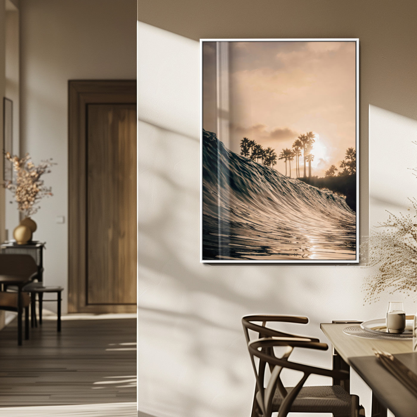 50270635-MGV-FP-48X32-3P_White-Golden Hour Ocean Wave Wall Art Canvas Print – Framed Tropical Beach Sunset Palm Silhouette Coastal Artwork for Home Office