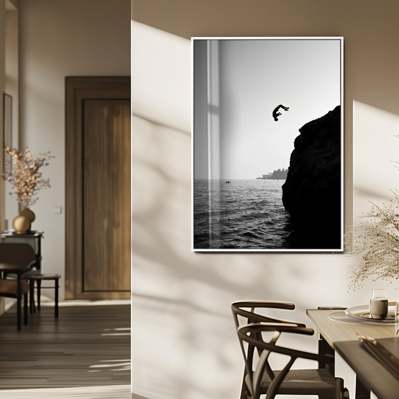 99497106-MGV-FP-48X32-3P_White-Cliff Jumping Silhouette Wall Art Canvas Print – Framed Black White Ocean Monochrome Adventure Artwork for Home Office