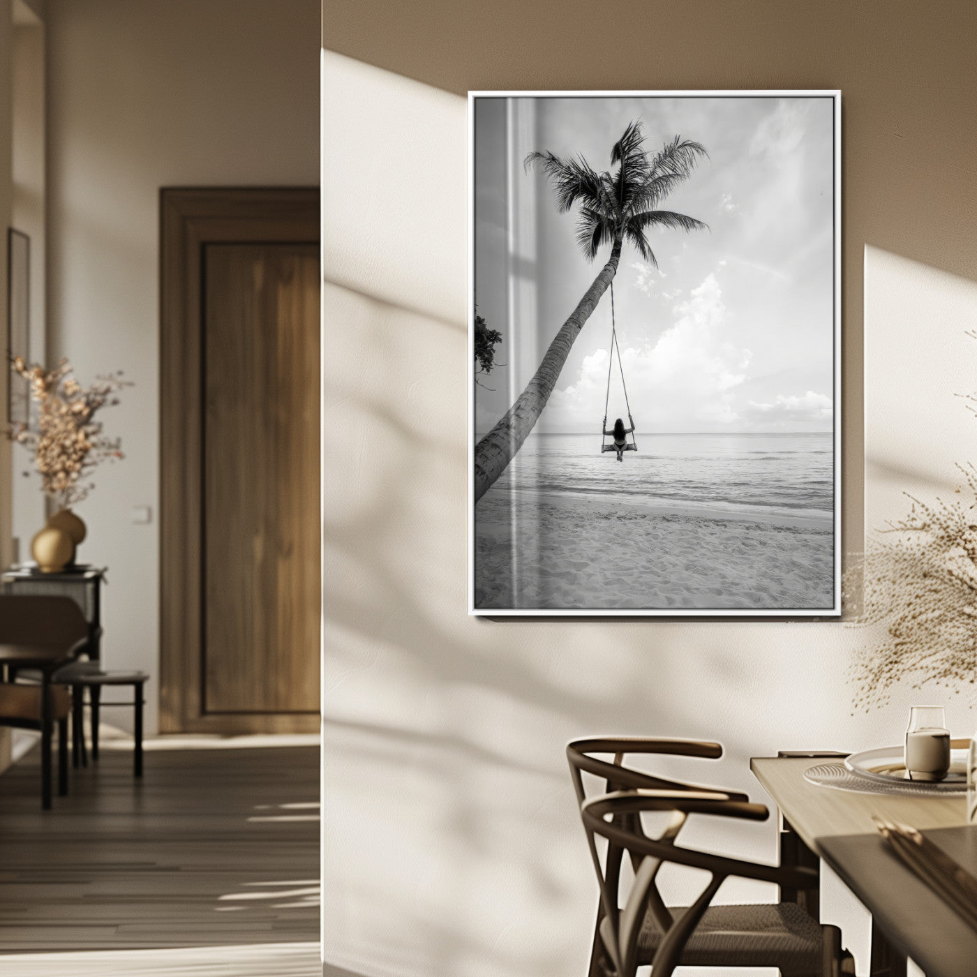 78460277-MGV-FP-48X32-3P_White-Black White Palm Tree Wall Art Canvas Print – Framed Minimalist Beach Swing Monochrome Coastal Artwork for Home Office