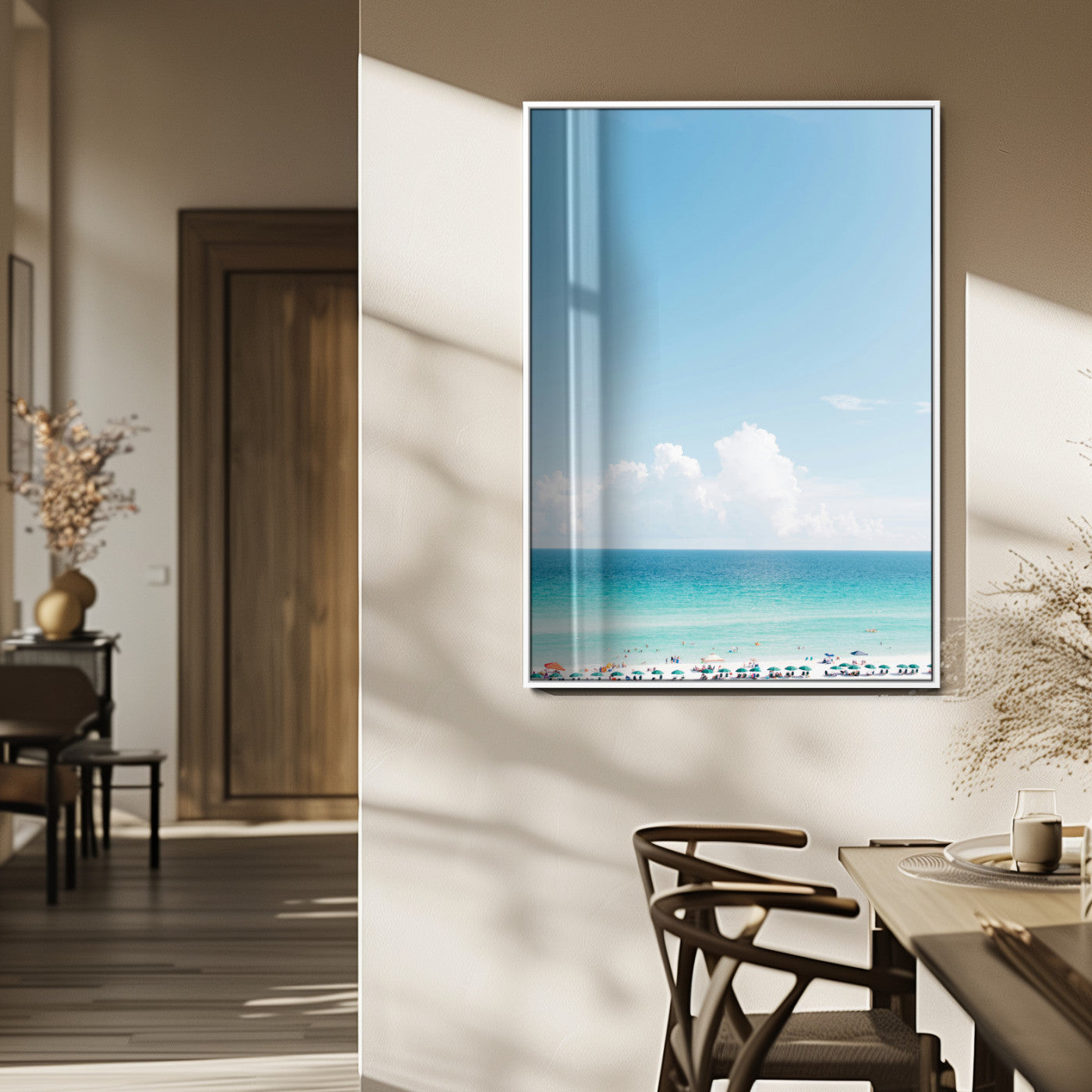 62954953-MGV-FP-48X32-3P_White-Turquoise Ocean Wall Art Canvas Print – Framed Coastal Serenity White Sand Beach Artwork for Home Office