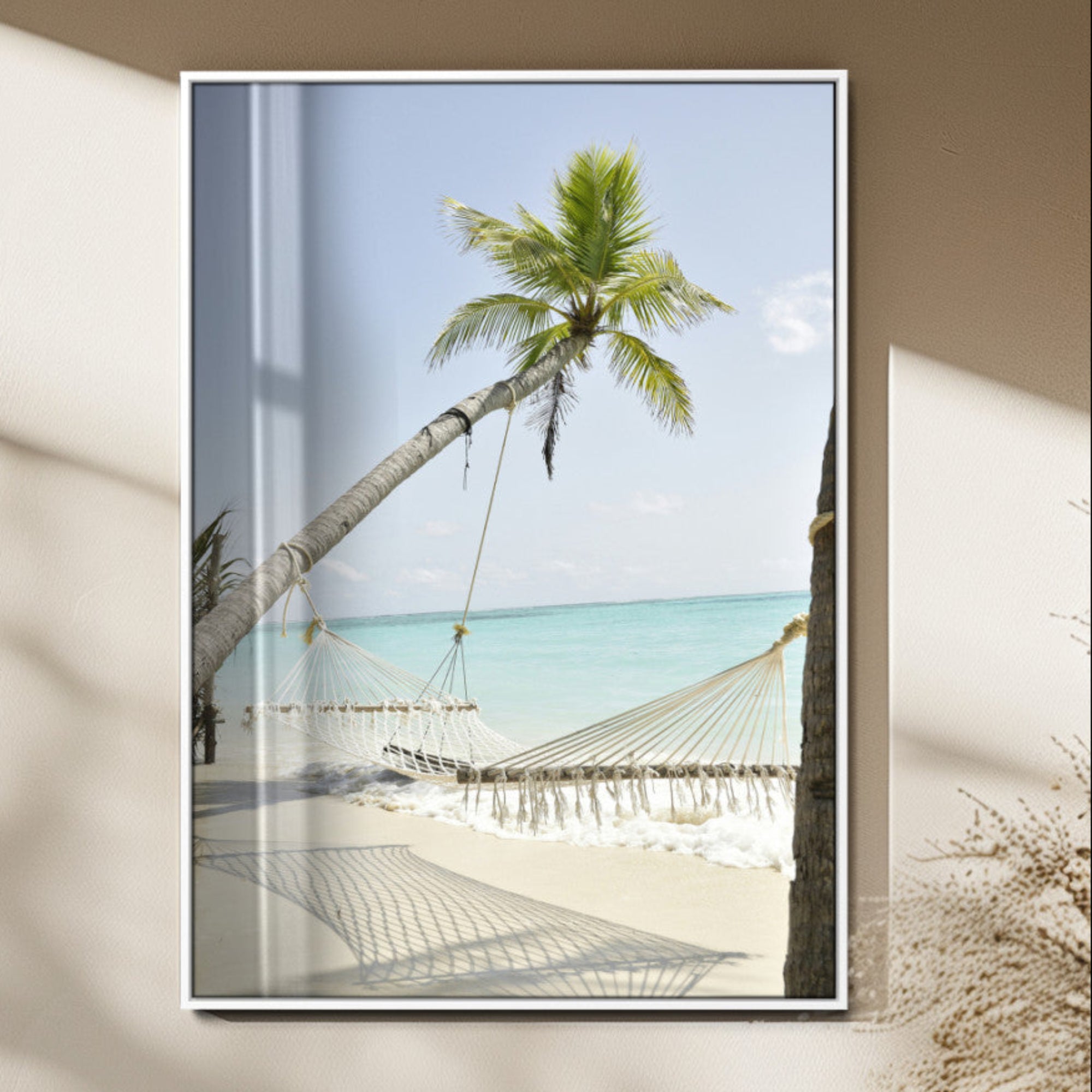 39927211-MGV-FP-48X32-3P_White-Beach Hammock Wall Art Canvas Print – Framed Tropical Paradise Coastal Serenity Artwork for Home Office