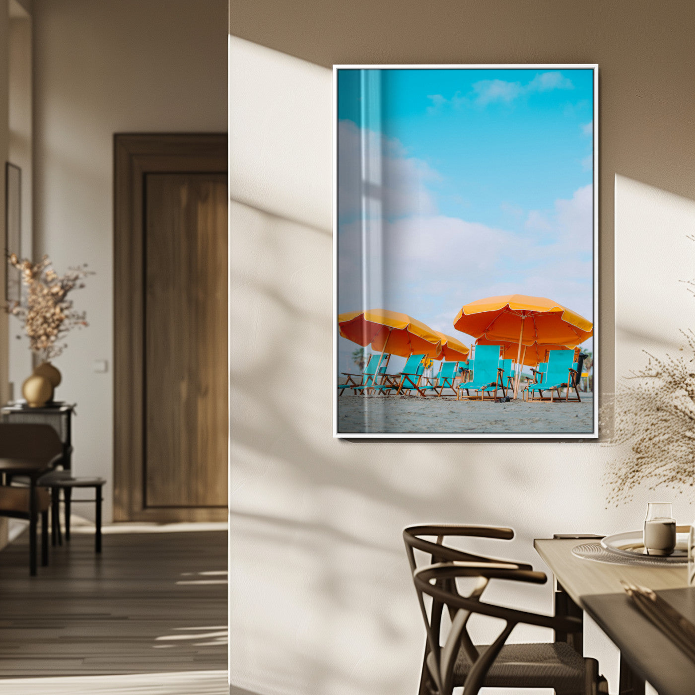 20422711-MGV-FP-48X32-3P_White-Beach Umbrellas Wall Art Canvas Print – Framed Tropical Coastal Paradise Nature Scene Artwork for Home Office