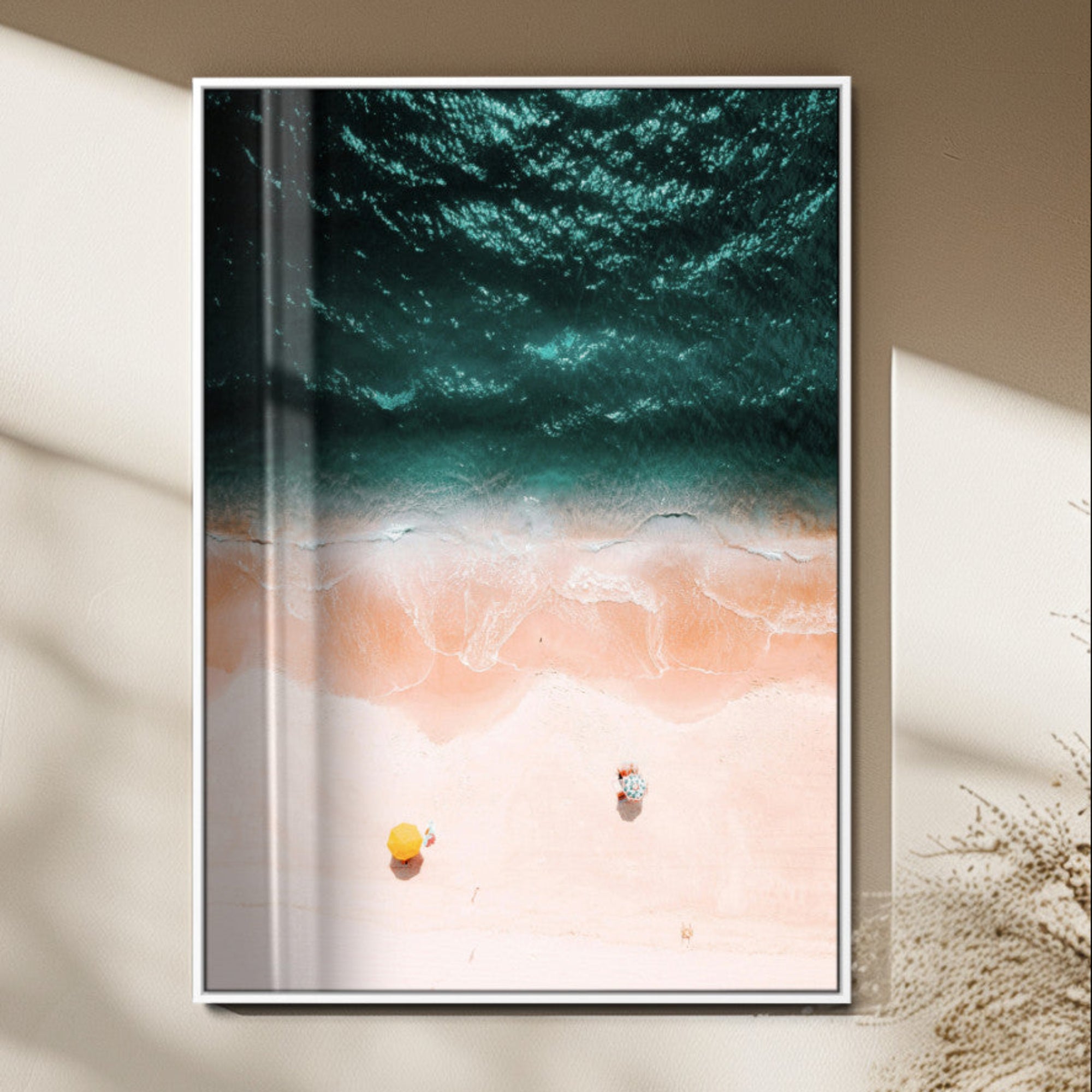 44468317-MGV-FP-48X32-3P_White-Aerial Serenity Wall Art Canvas Print – Gentle Waves Peach Shore Yellow Umbrella Peaceful Beach Coastal Decor Artwork for Home