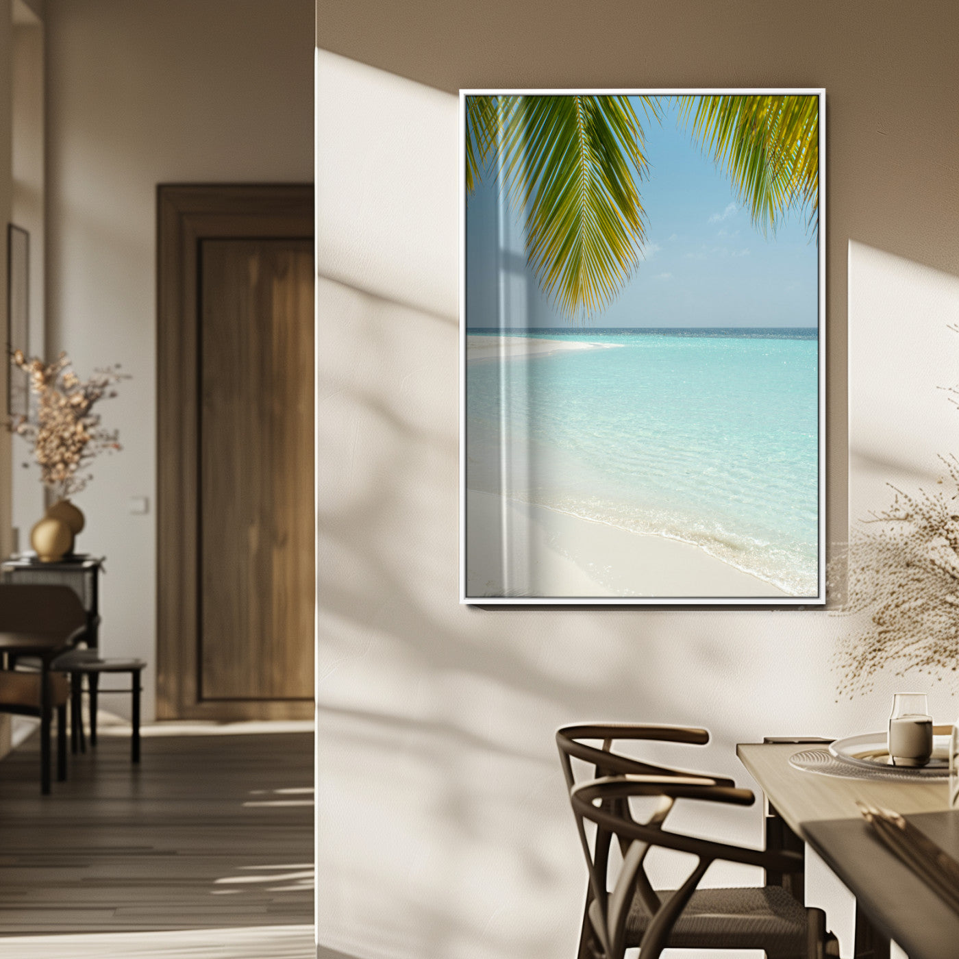 90359351-MGV-FP-48X32-3P_White-Azure Water Wall Art Canvas Print – Tranquil Island Escape Clear Blue Ocean Minimalist Coastal Artwork for Home, Office