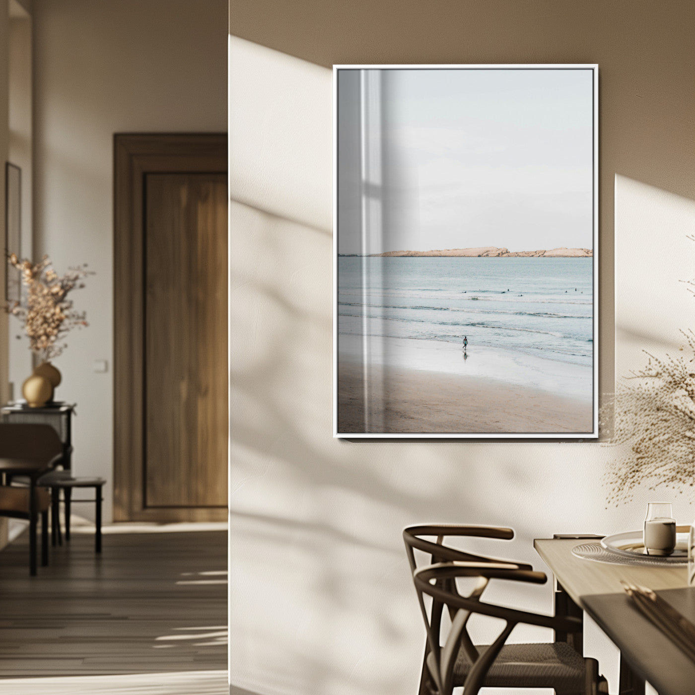 66350373-MGV-FP-48X32-3P_White-Minimalist Beach Wall Art Canvas Print – Framed Soft Blue Tones Tranquil Ocean Coastal Minimalist Artwork for Home, Office