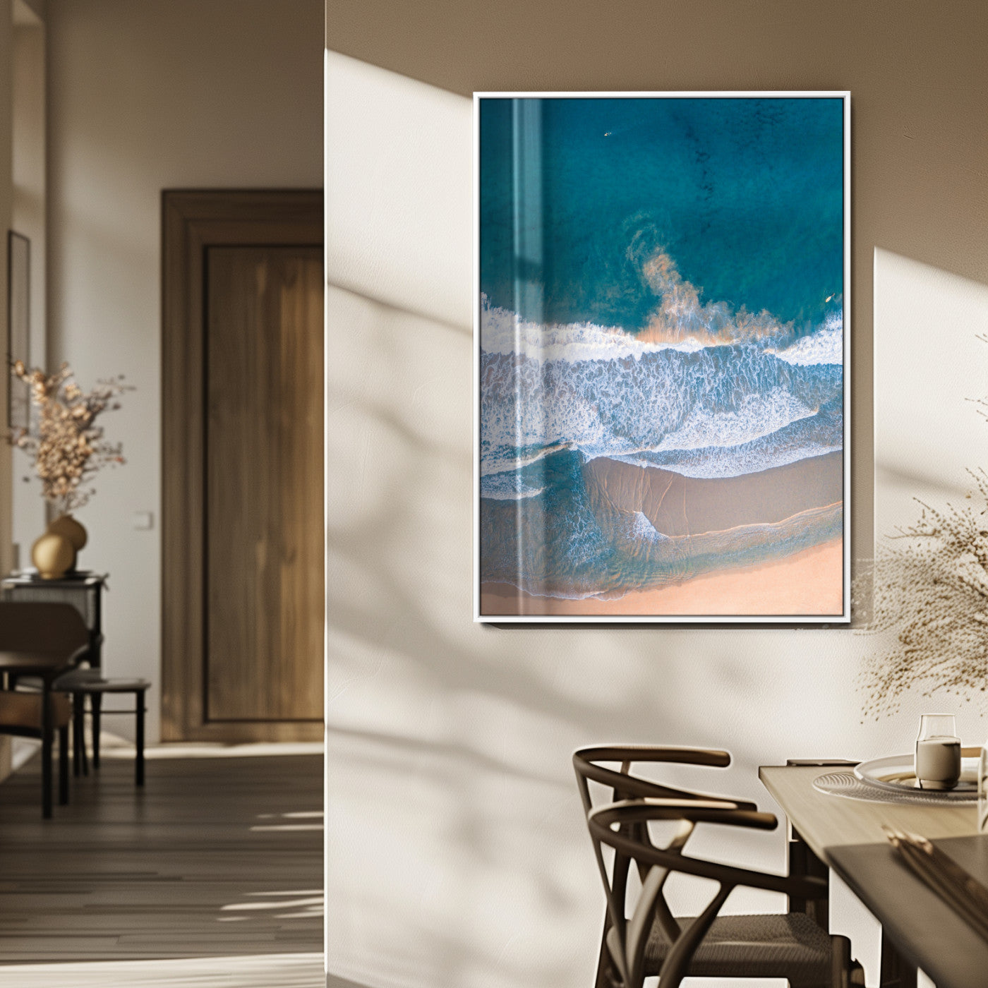 97740681-MGV-FP-48X32-3P_White-Aerial Beach View Wall Art Canvas Print – Framed Ocean Waves Coastal Serenity Minimalist Seascape Artwork for Home, Office