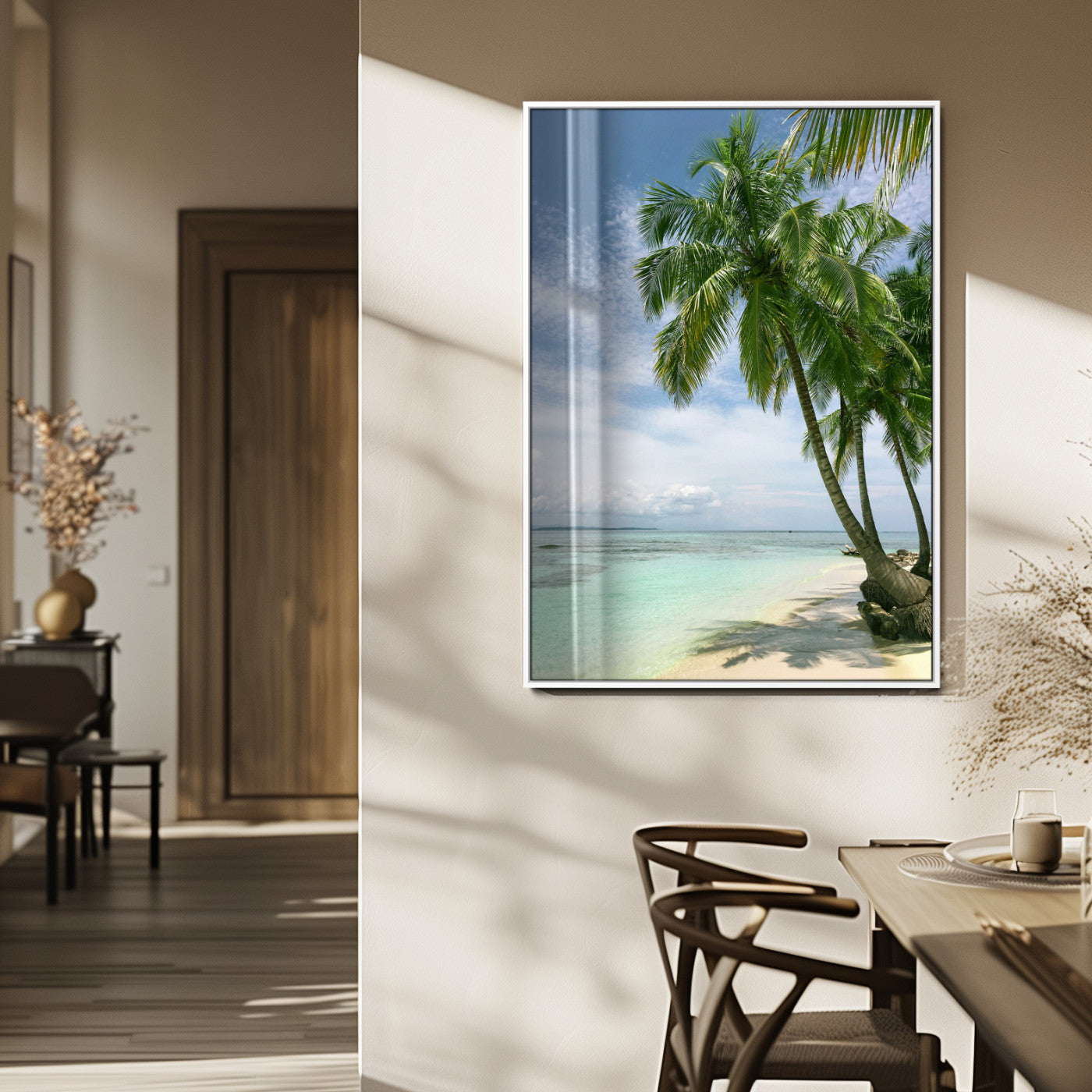 80489589-MGV-FP-48X32-3P_White-Tropical Beach Palm Trees Canvas Print – Framed Island Coastal Wall Art Bright Ocean Horizon Photography for Home, Office