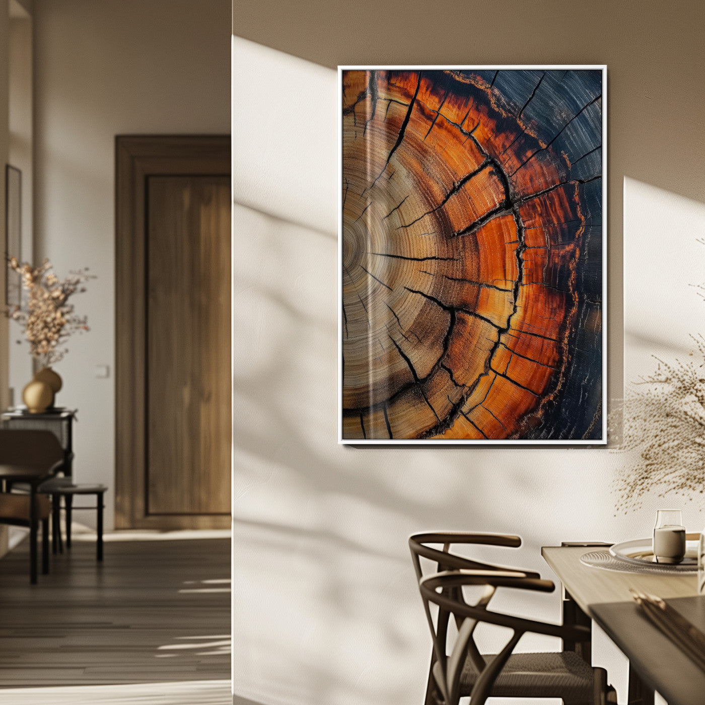 85081080-MGV-FP-48X32-3P_White-Close Up Tree Rings Wall Art – Framed Abstract Wood Canvas Artwork, Warm Earth Tone Design, Rustic Nature Decor for Home, Office