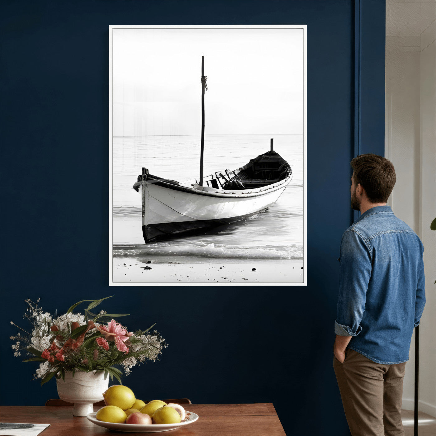 13080776-MGV-CV-24X36 - Minimal Boat Wall Art Canvas Print – Black and White Coastal Photography Artwork Print for Living Room, Bedroom, and Office Decor