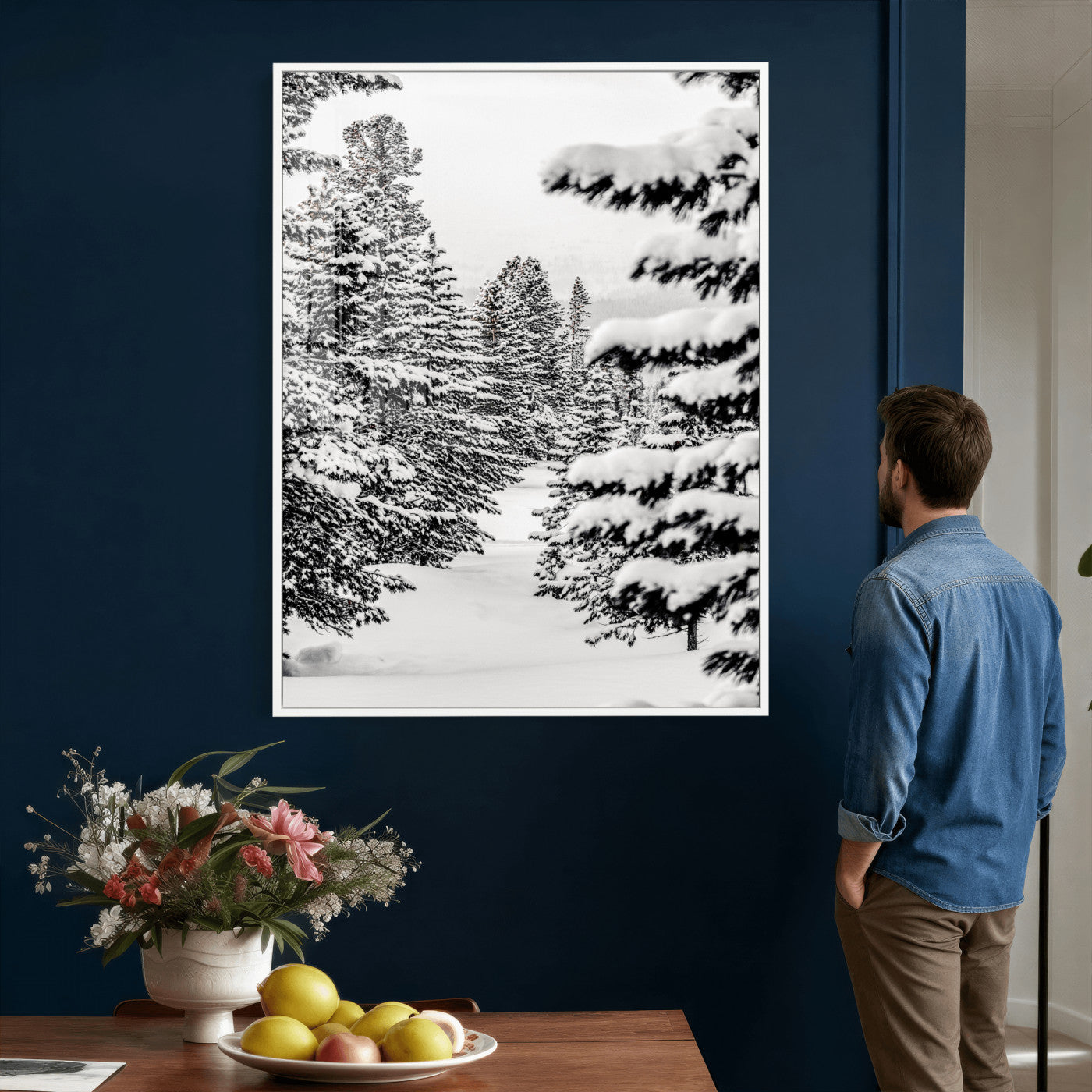 42534505-MGV-CV-24X36 - Snowy Pine Forest Wall Art Canvas Print, Minimal Winter Woodland Landscape, Black and White Nature Artwork