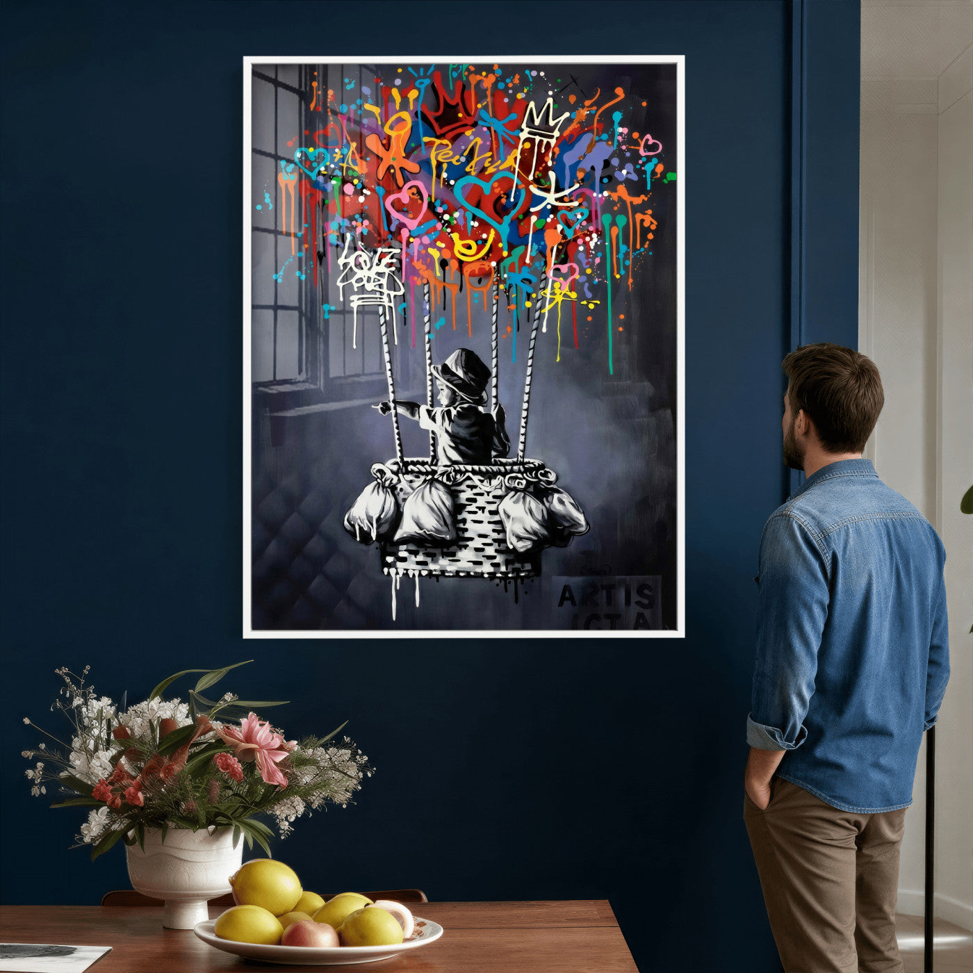 87352999-MGV-CV-24X36 - Banksy Inspired Boy Swing Wall Art Canvas Print, Graffiti Balloon Hearts Street Art, Colorful Urban Mural Artwork for Modern Living Room Decor