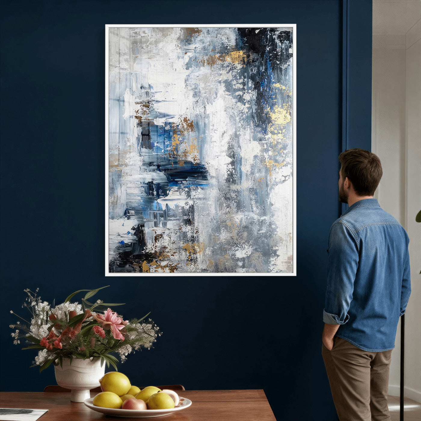 3962948988-MGV-CV-24X36 - Blue Abstract Wall Art Canvas Print, Gold Black Modern Architecture Canvas Print, Contemporary Moody City Artwork for Living Room Decor