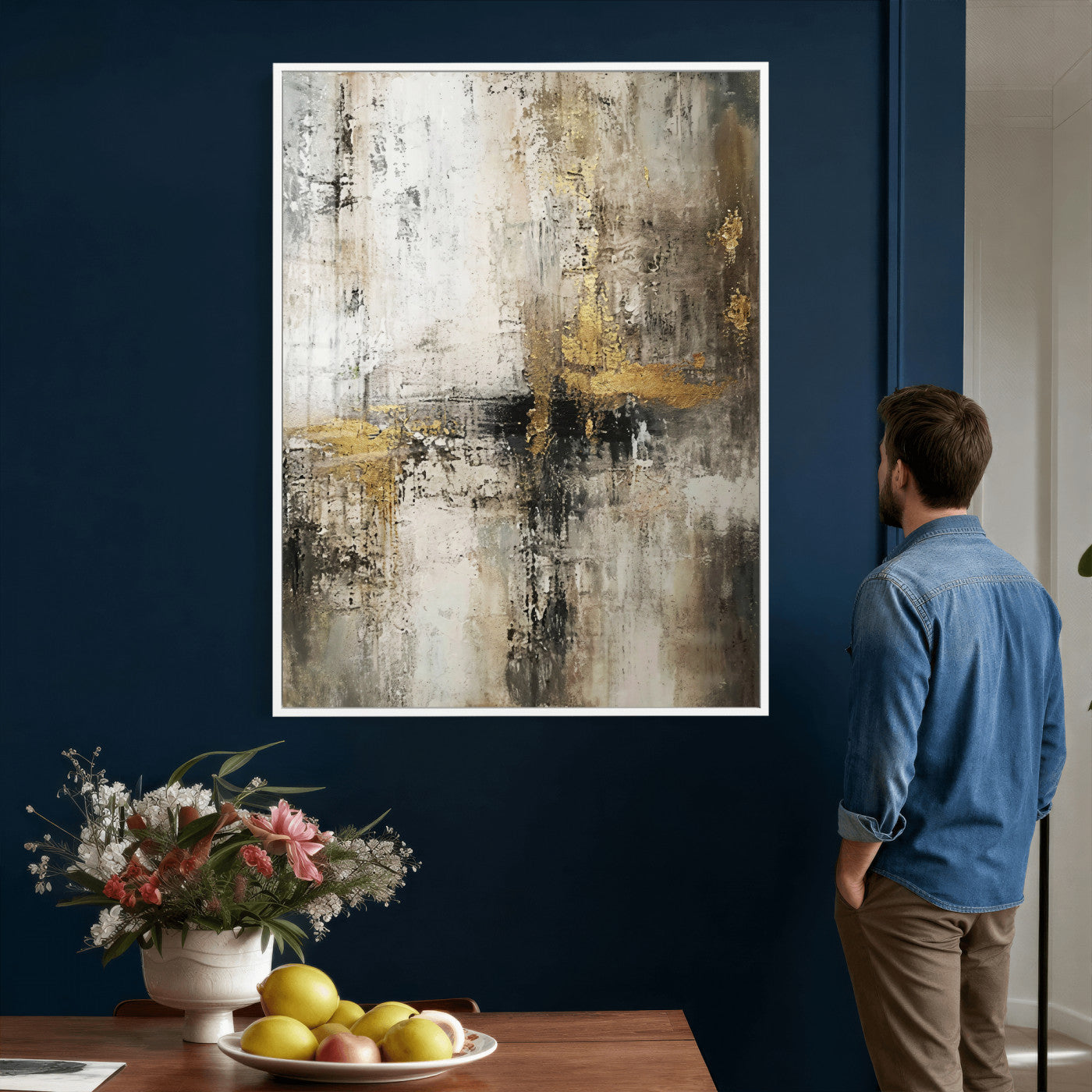 381262454-MGV-CV-24X36 - Framed Abstract Wall Art Canvas Print, Gold Black Modern Architecture Canvas Print, Contemporary Moody City Artwork for Living Room Decor