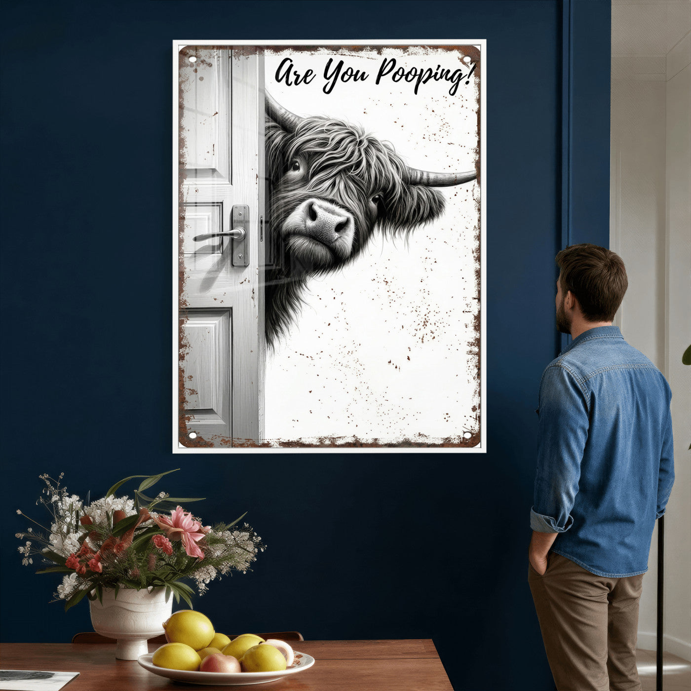 8151788G6-MGV-CV-24X36 - Funny Highland Cow Bathroom Wall Art Canvas Print, Are You Pooping Cow Sign, Rustic Farmhouse Bathroom Decor