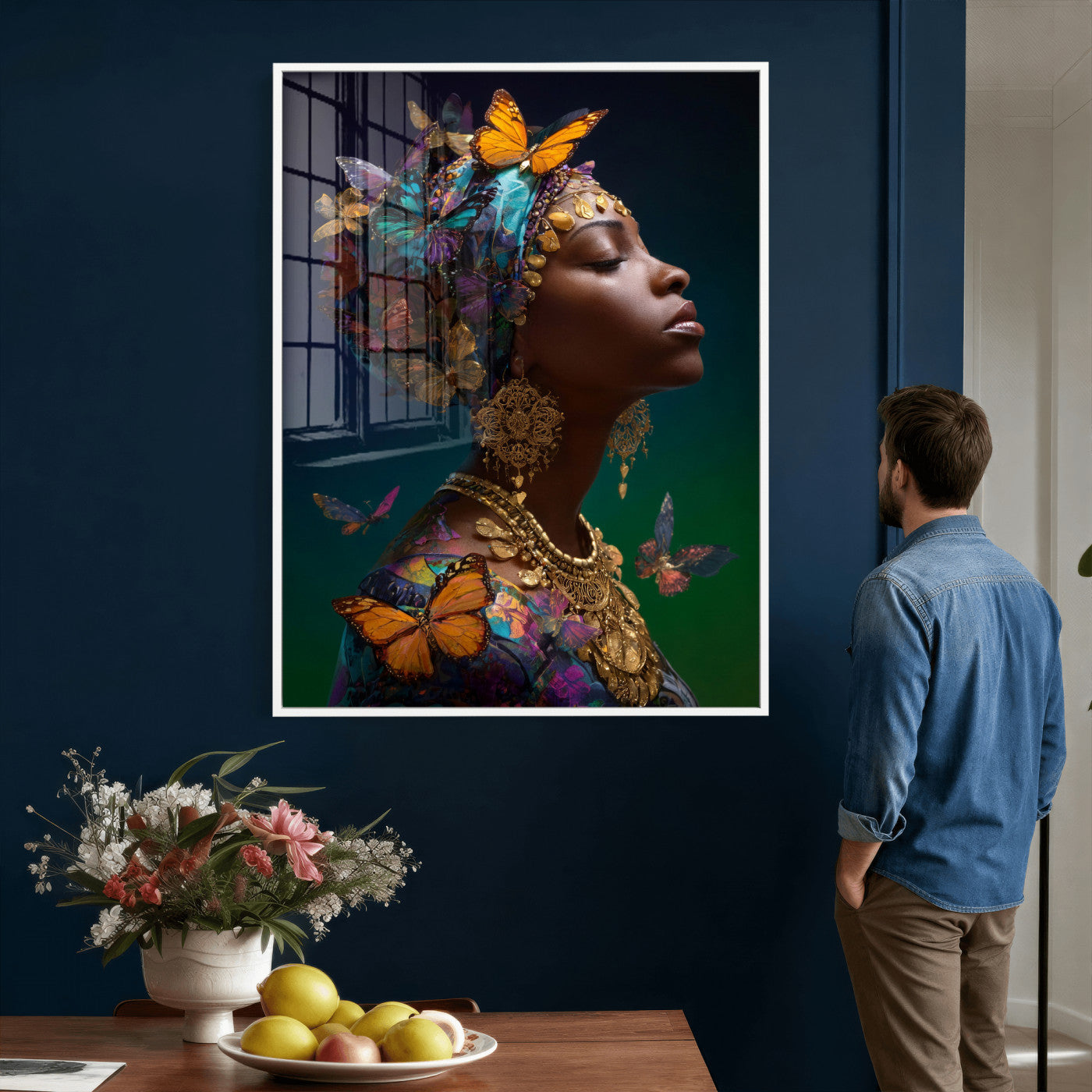 620930SZC0-MGV-CV-24X36 - Butterfly Crown Gold Woman Portrait — Monarch Queen Canvas Print | Teal Dark Fantasy Art | Boho Bedroom Wall Decor | Empowerment Gift Her
