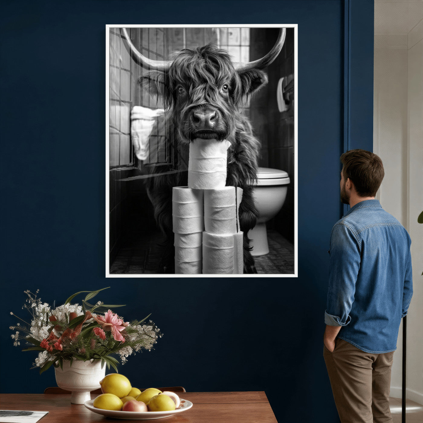 95909209-MGV-CV-24X36 - Highland Cow Toilet Paper Canvas Wall Art, Funny Bathroom Black White Print, Cute Animal Humor Decor, Quirky Farmhouse Bathroom Art, Cow Lover Gift