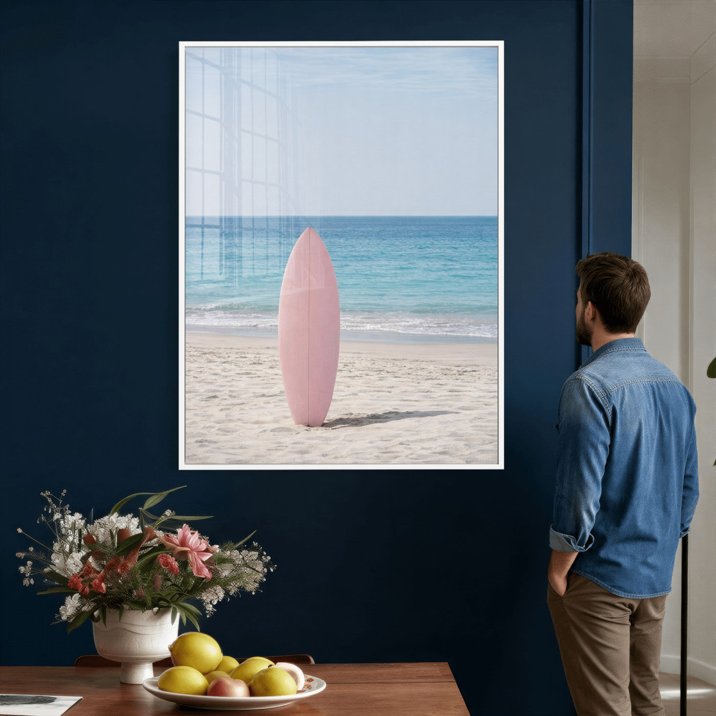 17265103-MGV-CV-24X36 - Pink Surfboard Canvas Wall Art, Minimalist Beach Photography Print, Pastel Ocean Coastal Decor, Girl Beach Room Art, Aesthetic Summer Wall Print