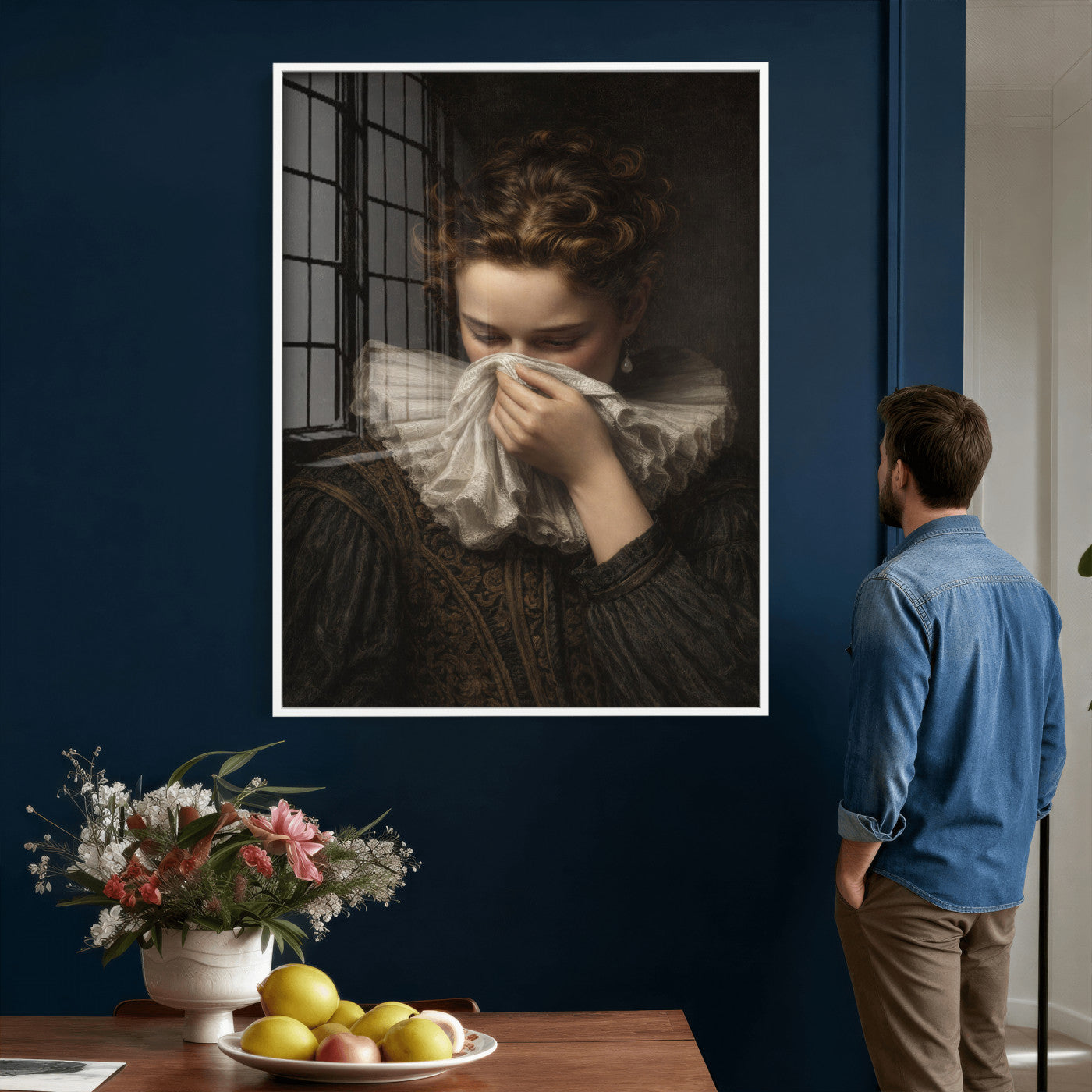 62652430-MGV-CV-24X36 - Baroque Portrait Canvas Wall Art, Flemish Woman with Lace Collar Print for Bathroom Wall Art, Funny Toilet Decor, Renaissance Style Portrait, Moody Vintage Wall Art