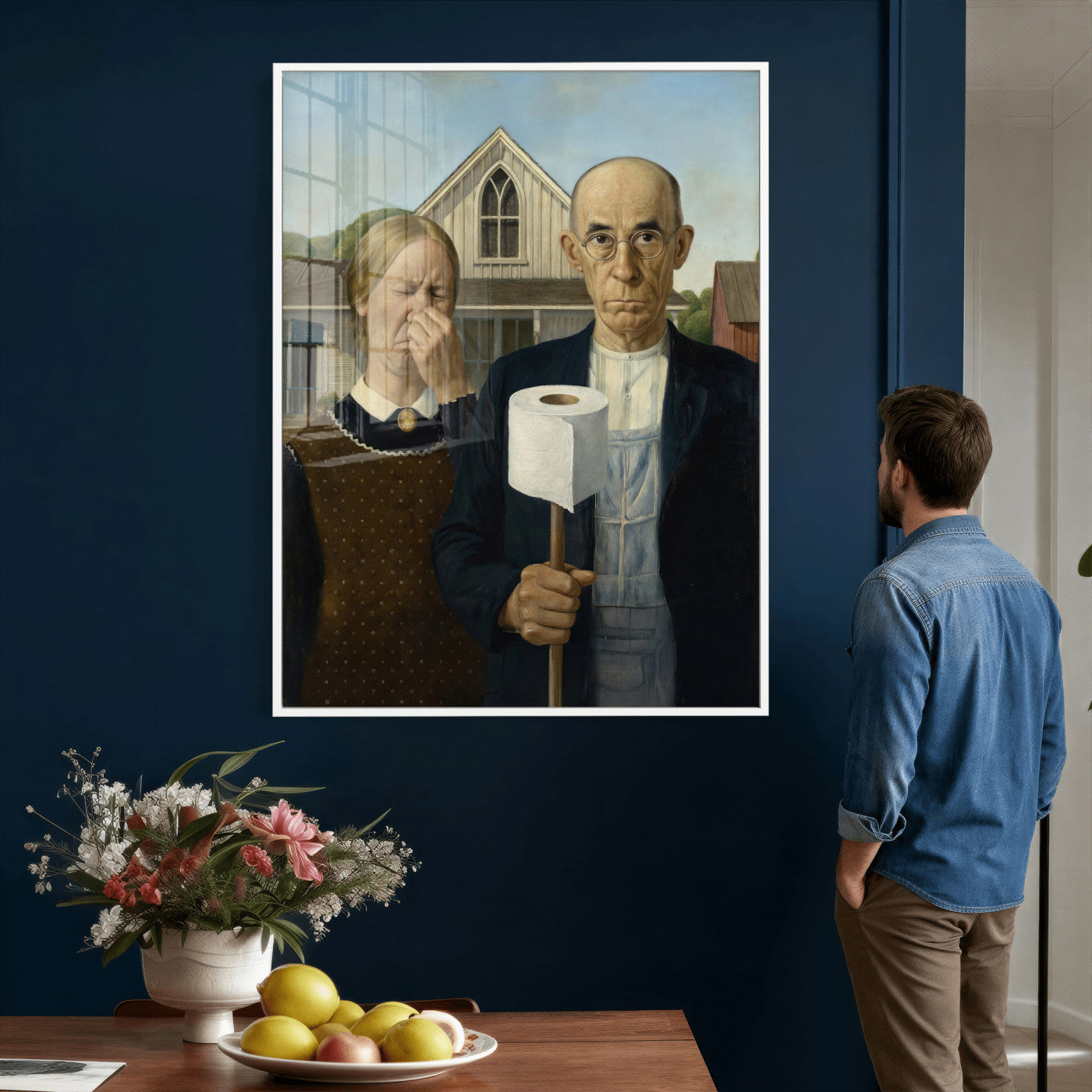 46805085-MGV-CV-24X36 - Funny Bathroom Canvas Wall Art, Grant Wood American Gothic Toilet Paper Parody Print, Humor Bathroom Decor, Classic Art Spoof, Quirky Housewarming Gift