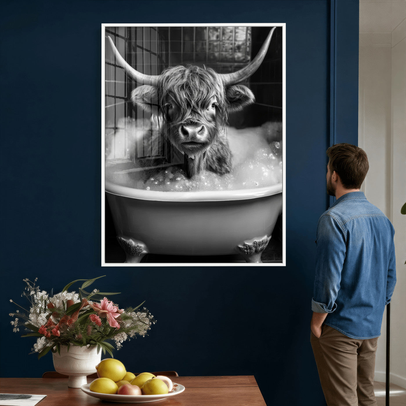 44020264-MGV-CV-24X36 - Highland Cow Bathtub Canvas Wall Art, Funny Bathroom Print Black White, Grumpy Cow Bubble Bath Decor, Animal Bathroom Art, Farmhouse Humor Print, Cute Cow Gift