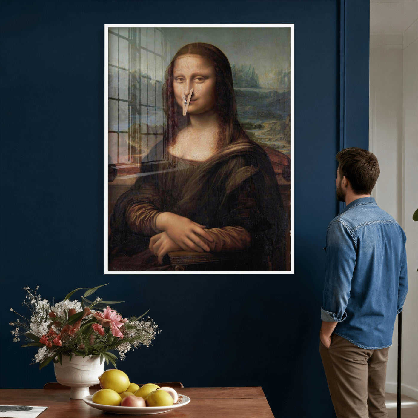 59125950-MGV-CV-24X36 - Funny Bathroom Canvas Wall Art Print, Mona Lisa Clothespin Nose Humor Decor, Classic Art Parody, Toilet Room Wall Art, Quirky Housewarming Gift, Eclectic Home Decor