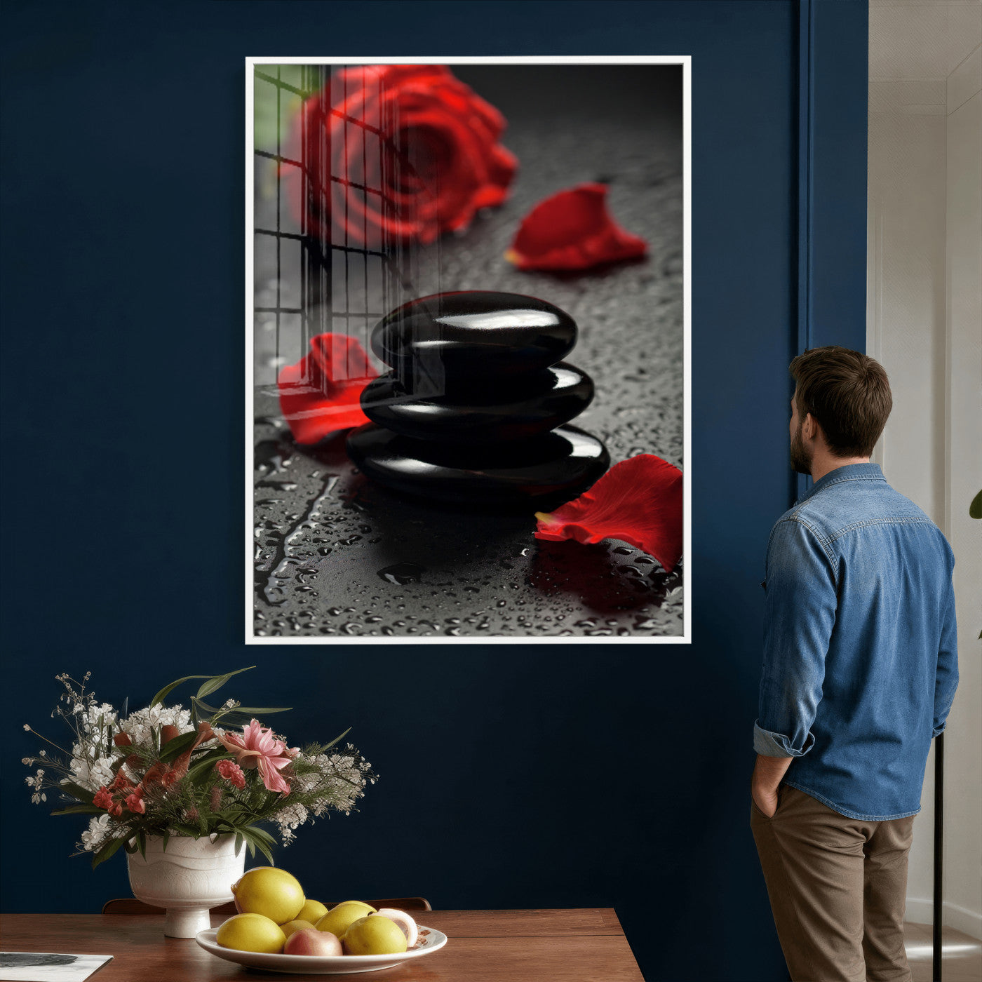 37334763-MGV-CV-24X36 - Black Lava Stone Rose Canvas | Red Rose Spa Photography Print | Stacked Stones Dark Luxury Wall Art | Dramatic Bathroom Decor