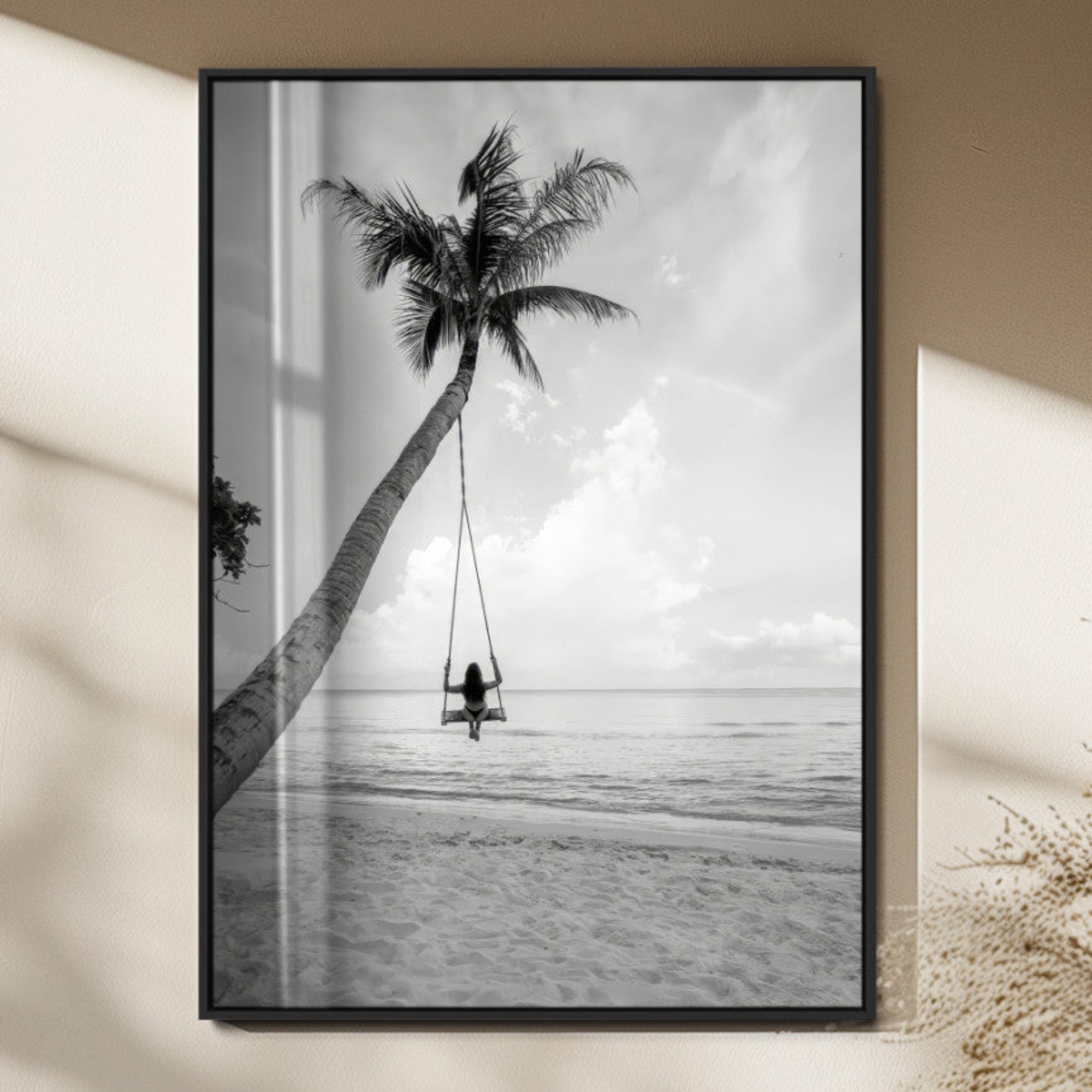 78460277-MGV-FP-48X32-3P_Black-Black White Palm Tree Wall Art Canvas Print – Framed Minimalist Beach Swing Monochrome Coastal Artwork for Home Office