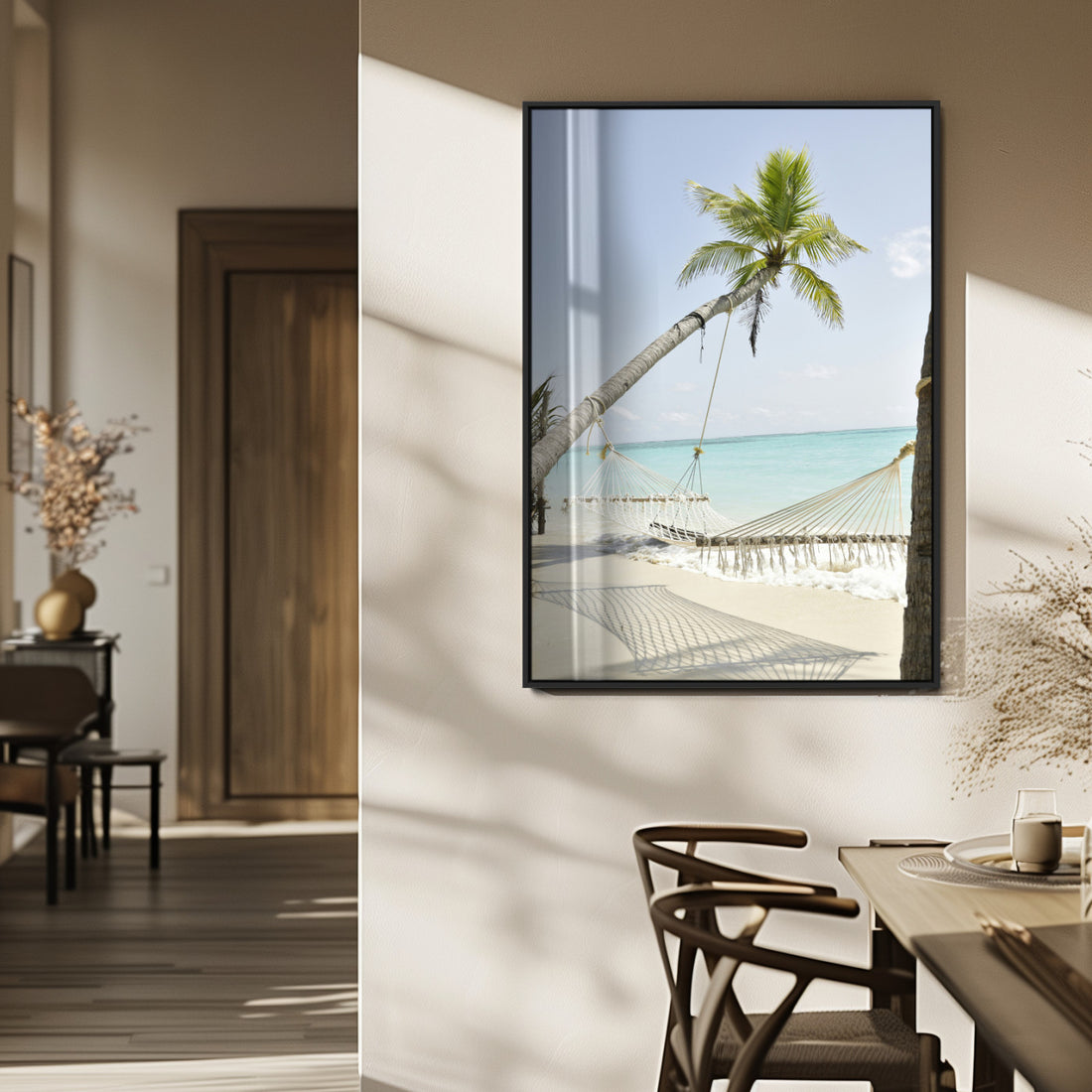 Beach Hammock Wall Art Canvas Print, Framed Tropical Paradise Art, Coastal Serenity Boho Coastal Decor
