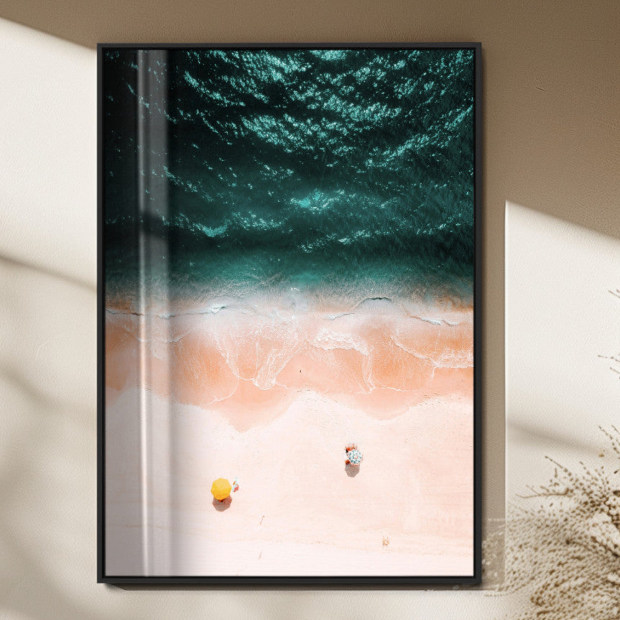 44468317-MGV-FP-48X32-3P_Black-Aerial Serenity Wall Art Canvas Print – Gentle Waves Peach Shore Yellow Umbrella Peaceful Beach Coastal Decor Artwork for Home