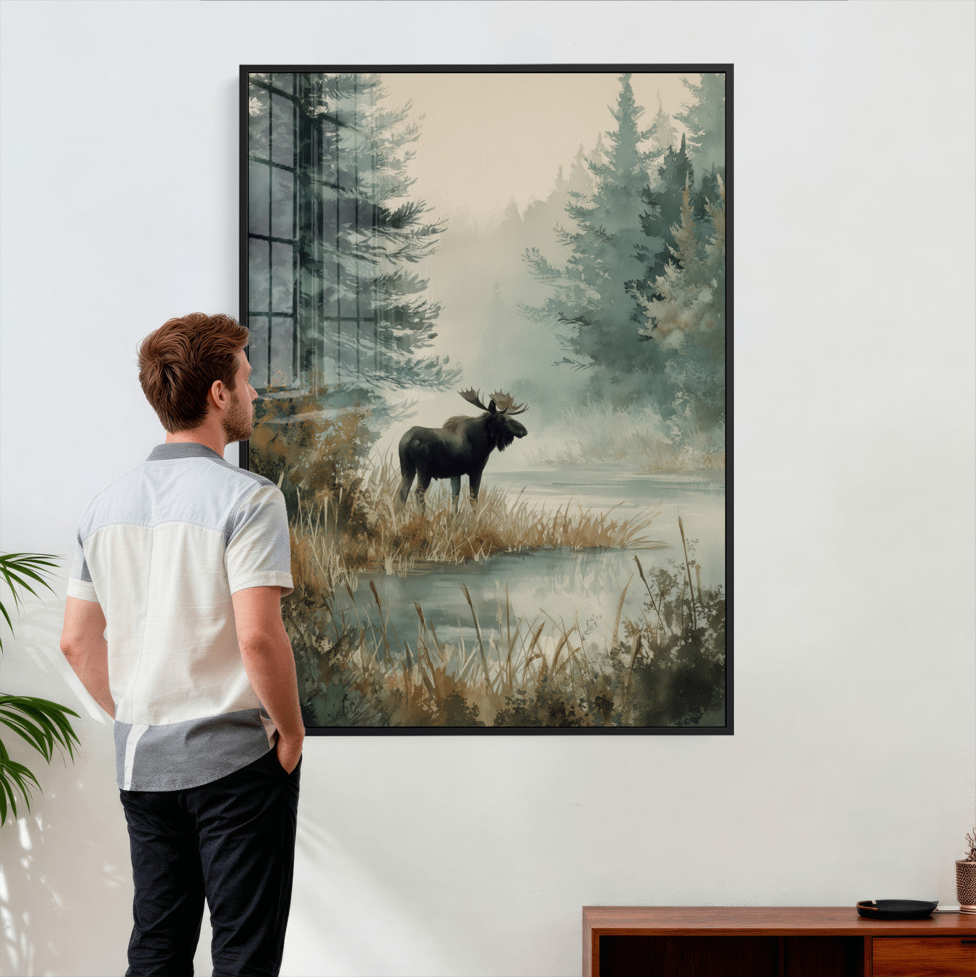 78345154-MGV-CV-24X36 - Watercolor Abstract Moose Forest Wall Art Canvas Print – Wildlife Nature Artwork Print for Living Room, Cabin, and Office Decor