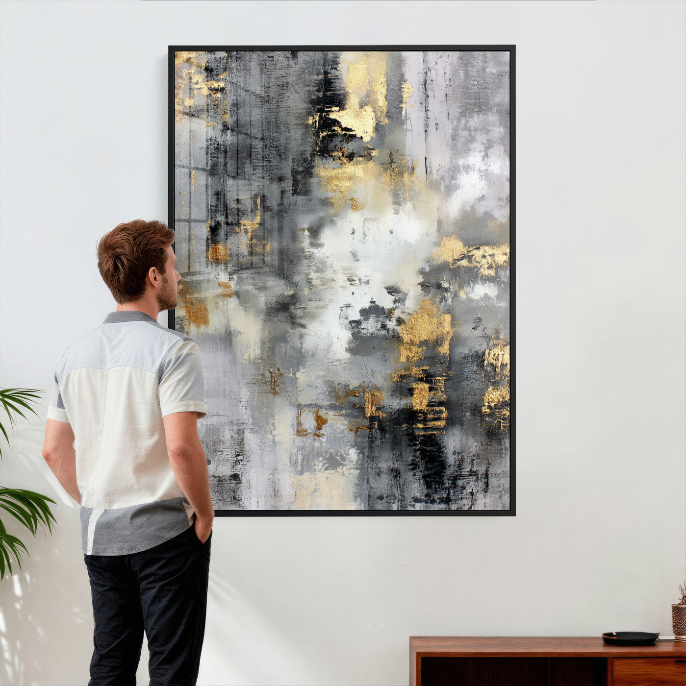 381262454543-MGV-CV-24X36 - Gray Gold Abstract Wall Art Canvas Print, Textured Modern Canvas Print, Minimalist Contemporary Artwork for Living Room Decor