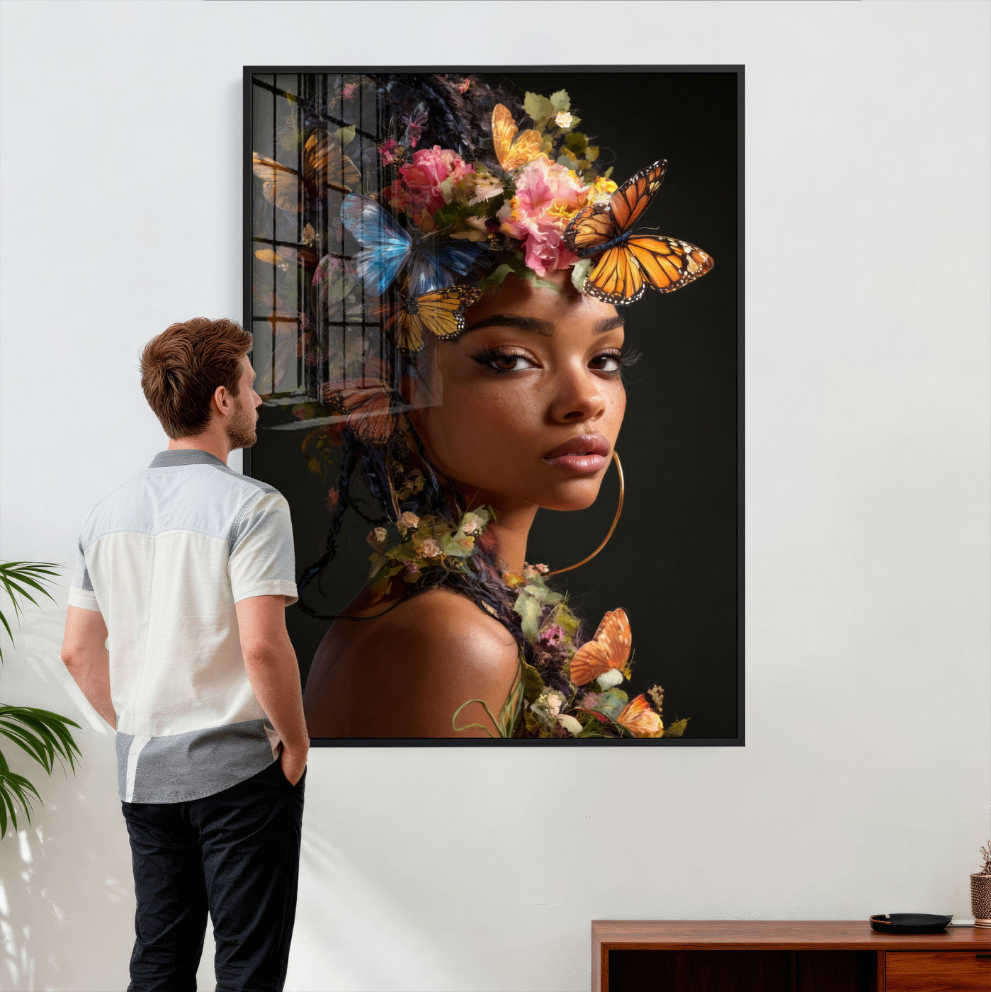 620930SZC10-MGV-CV-24X36 - Butterfly Crown Gold Woman Portrait — Monarch Queen Canvas Print | Teal Dark Fantasy Art | Boho Bedroom Wall Decor | Empowerment Gift Her