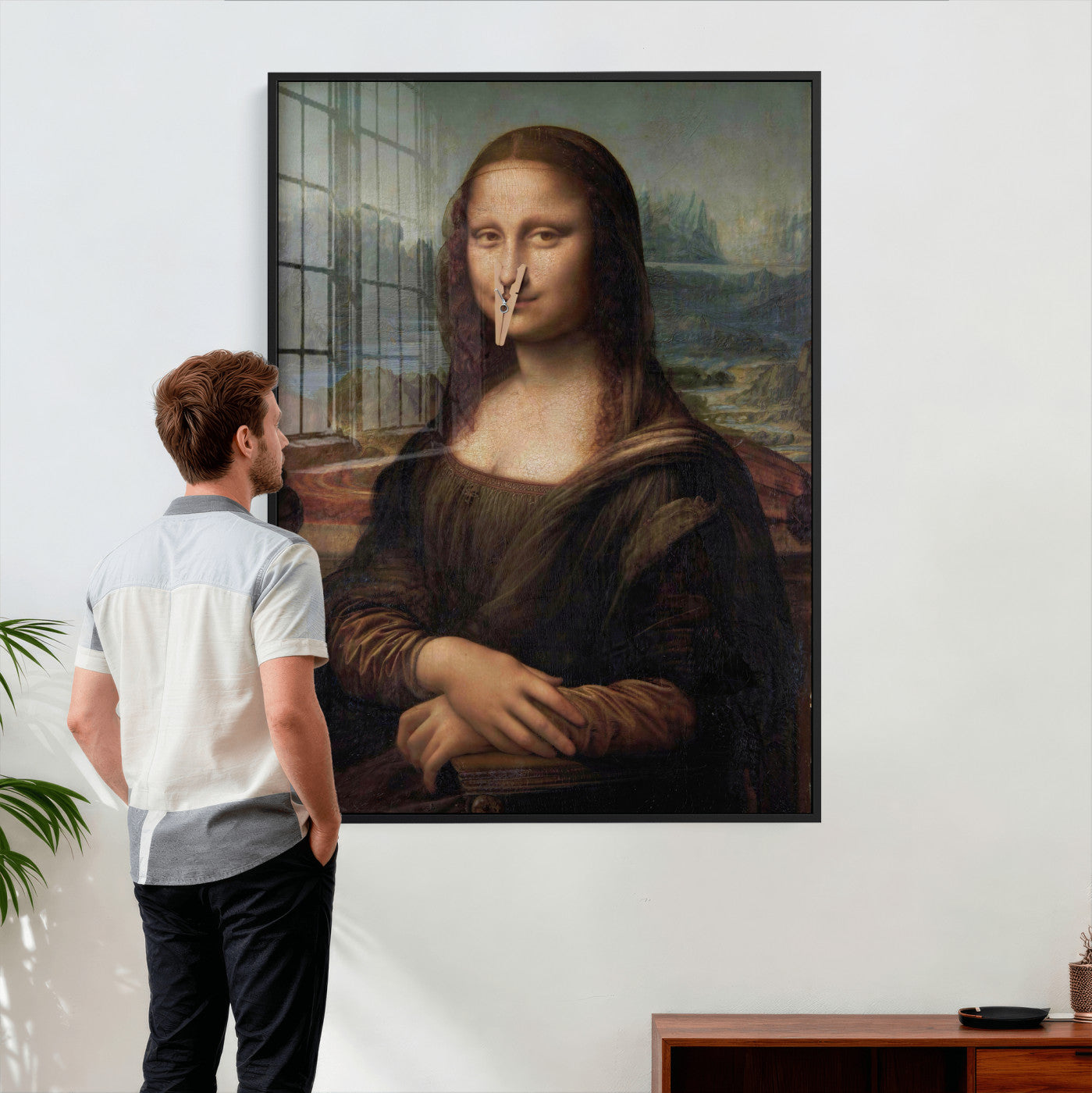 59125950-MGV-CV-24X36 - Funny Bathroom Canvas Wall Art Print, Mona Lisa Clothespin Nose Humor Decor, Classic Art Parody, Toilet Room Wall Art, Quirky Housewarming Gift, Eclectic Home Decor