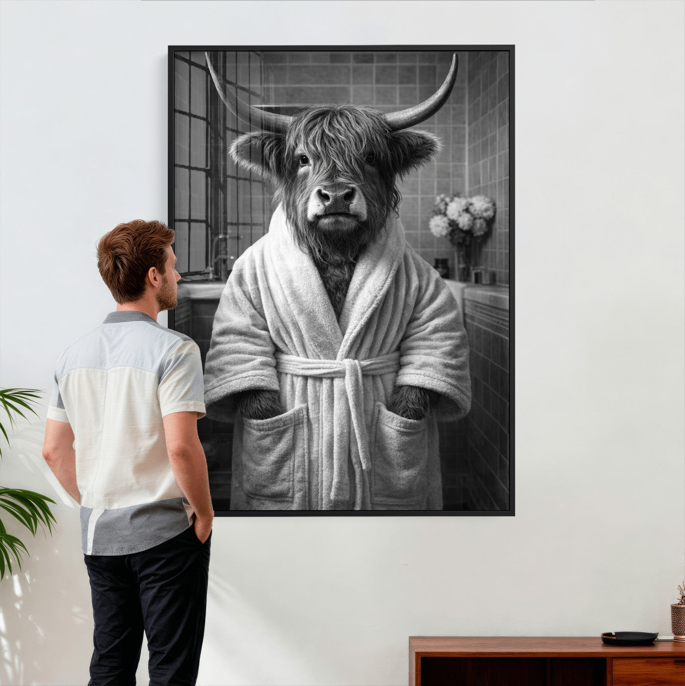 98453723-MGV-CV-24X36 - Funny Bathroom Wall Art Canvas Print, Highland Cow in Bathrobe, Black and White Humor Decor, Animal Bathroom Print, Farmhouse Bathroom Art