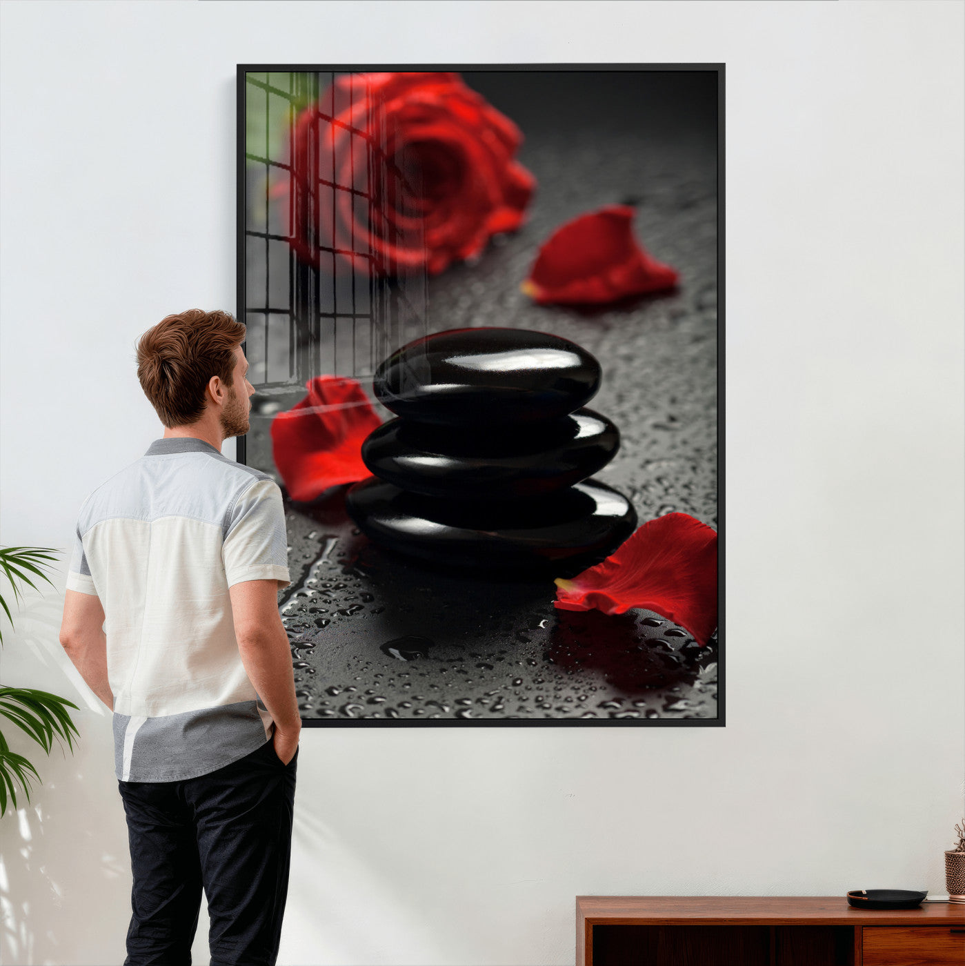 37334763-MGV-CV-24X36 - Black Lava Stone Rose Canvas | Red Rose Spa Photography Print | Stacked Stones Dark Luxury Wall Art | Dramatic Bathroom Decor