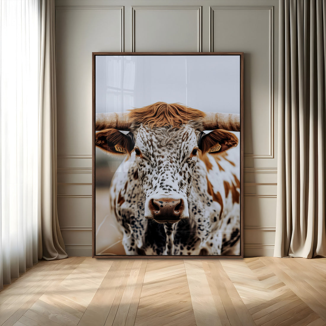 Texas Longhorn Wall Art Canvas Print | Spotted Horned Cattle Front View