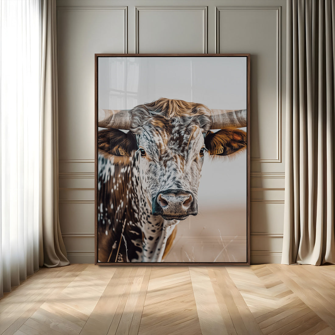 Texas Longhorn Wall Art Canvas Print | Speckled Horned Bull Close Up