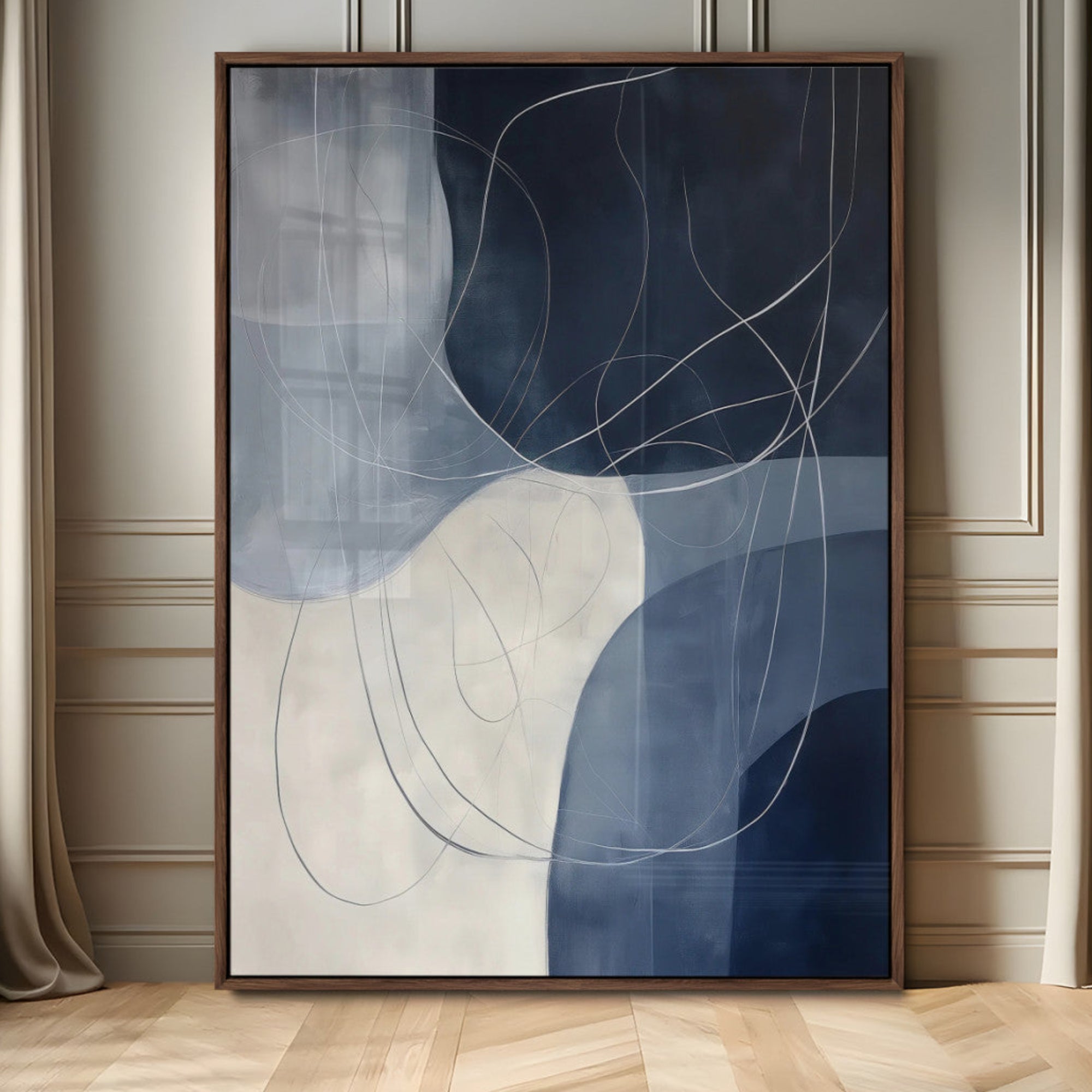 62566633-MGV-CV-24X36-Navy Abstract Wall Art Canvas Print – Framed Minimal Lineart Shapes Modern Geometric Minimalist Artwork for Home Office