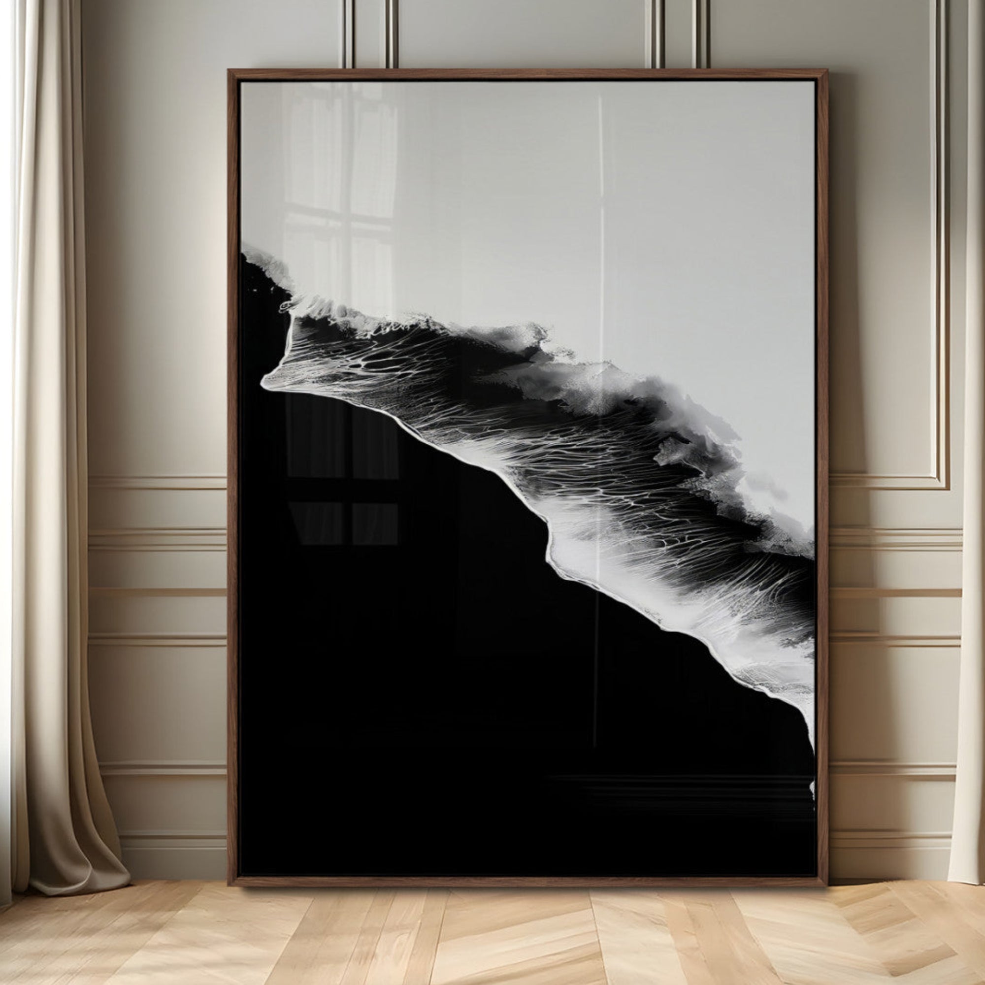 70946792-MGV-CV-24X36-Ocean Wave Wall Art Canvas Print – Framed Abstract Monochrome Sea Modern Minimal Coastal Nature Artwork for Home, Office