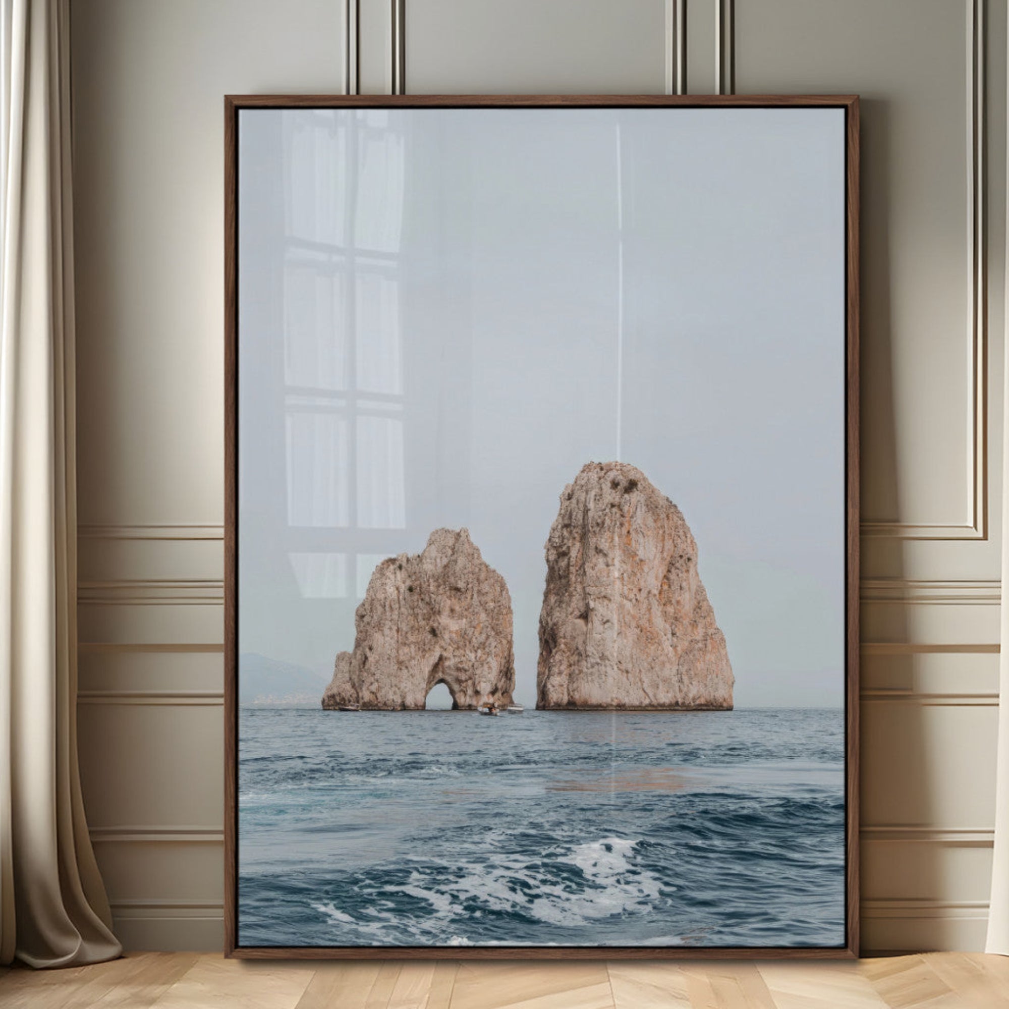 23148844-MGV-CV-24X36-Faraglioni Capri Wall Art Canvas Print – Framed Serene Ocean Mediterranean Coastal View Minimal Artwork for Home Office