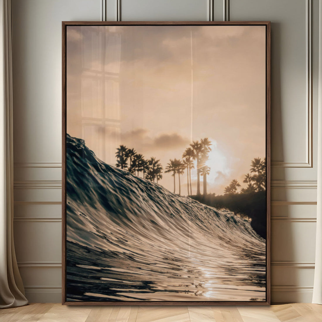 Golden Hour Ocean Wave Wall Art Canvas Print, Framed Tropical Beach Sunset Palms