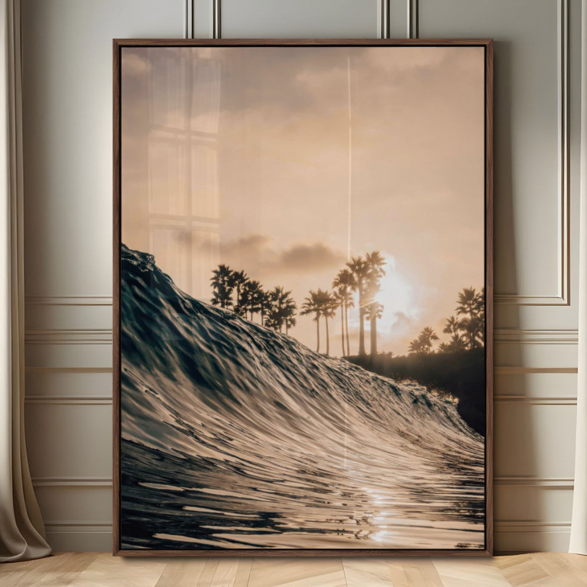 50270635-MGV-CV-24X36-Golden Hour Ocean Wave Wall Art Canvas Print – Framed Tropical Beach Sunset Palm Silhouette Coastal Artwork for Home Office