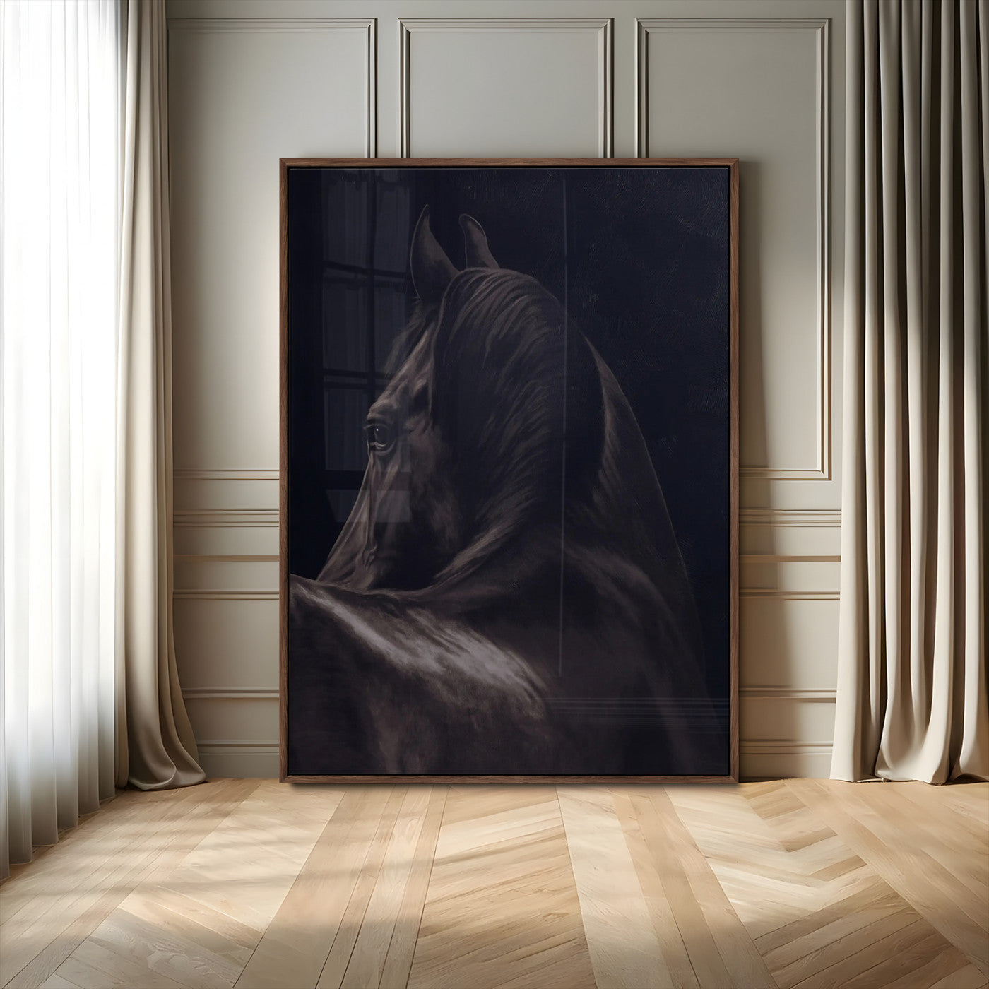 77538596-MGV-CV-24X36 - Dark Horse Wall Art – Majestic Silhouette Canvas Print, Sleek Mane, Graceful Strength, Elegant Equine Form, Timeless Beauty Decor for Home or Office