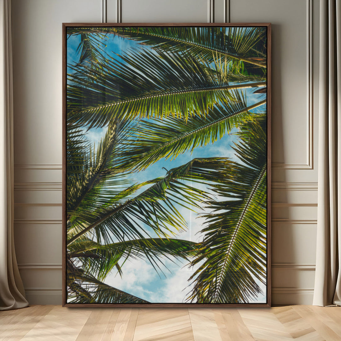 Palm Leaves Wall Art Canvas Print, Framed Tropical Vibes Art, Green Foliage Tropical Boho Decor