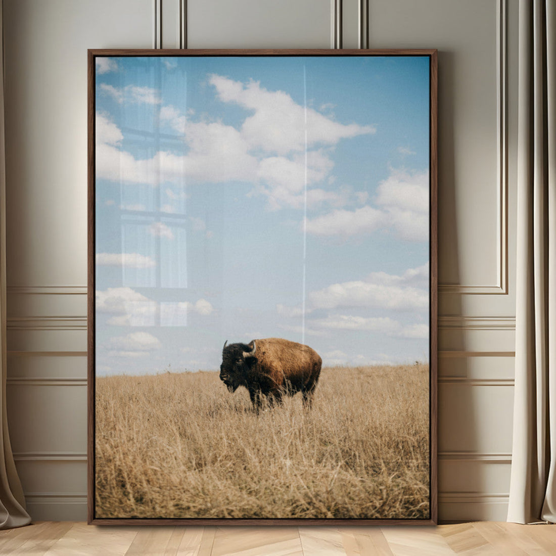 Bison Photography Wall Art Canvas Print, Framed Western Landscape Art, Prairie Serenity Modern Ranch Decor