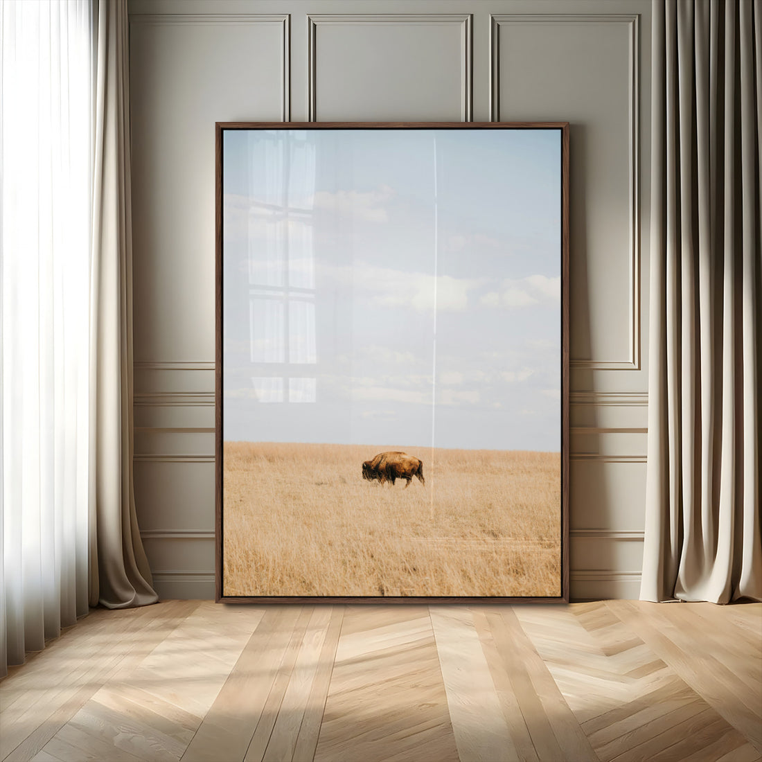 Minimalist Nature Wall Art Canvas Print, Framed Bison in Grassland Art, Open Field Modern Ranch Decor
