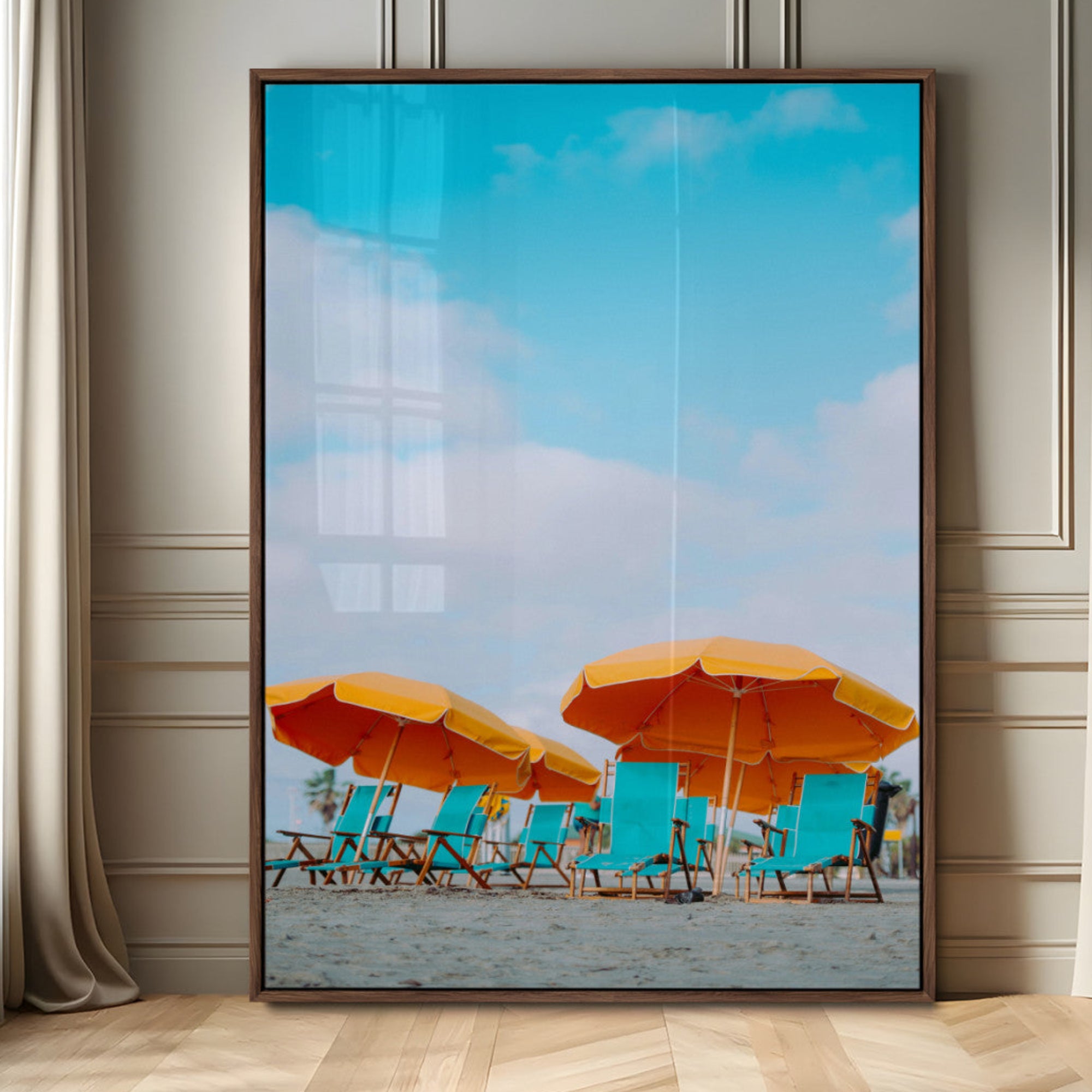20422711-MGV-CV-24X36-Beach Umbrellas Wall Art Canvas Print – Framed Tropical Coastal Paradise Nature Scene Artwork for Home Office