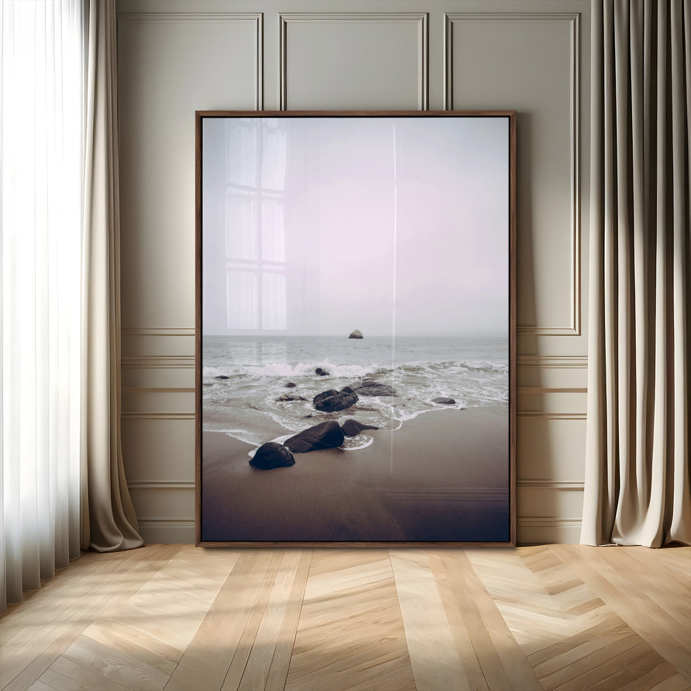 -Moody Seascape Wall Art Canvas Print – Framed Neutral Foggy Ocean Beach Nature Scene Artwork for Home Office